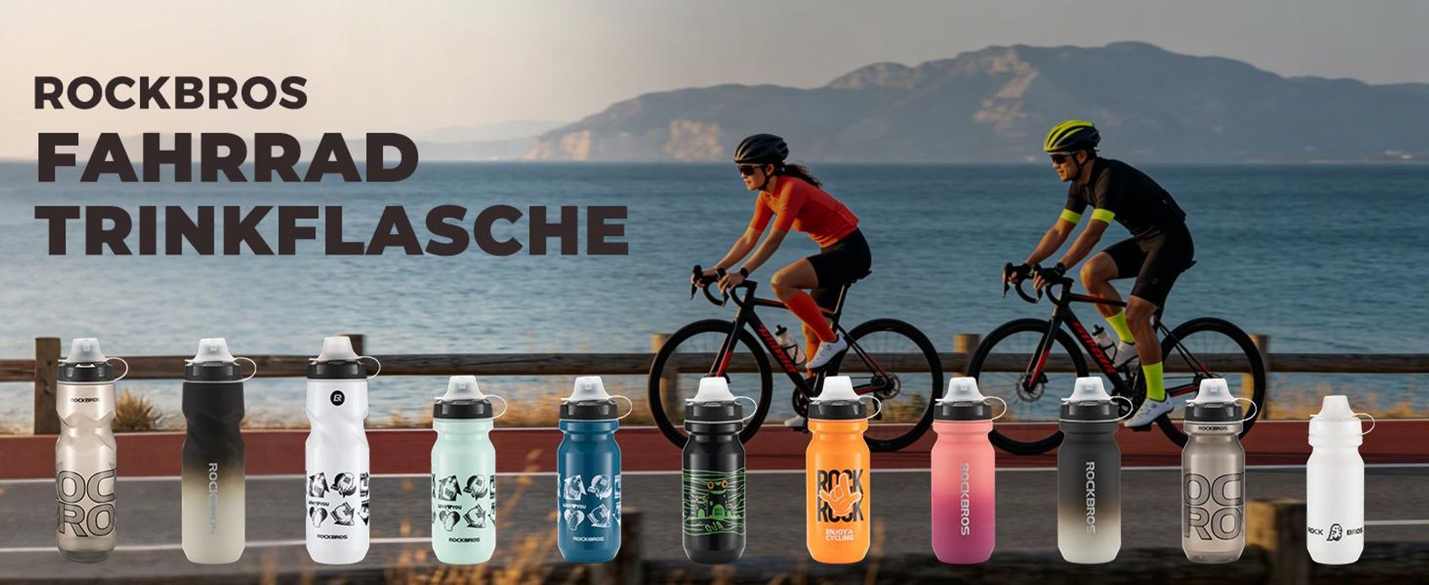 ROCKBROS Trinkflasche Auslaufsicher,  Fahrradflasche für Radfahren, Wasserflasche Einhandöffnung Sichere Verriegelung, Grau, 600 Milliliter