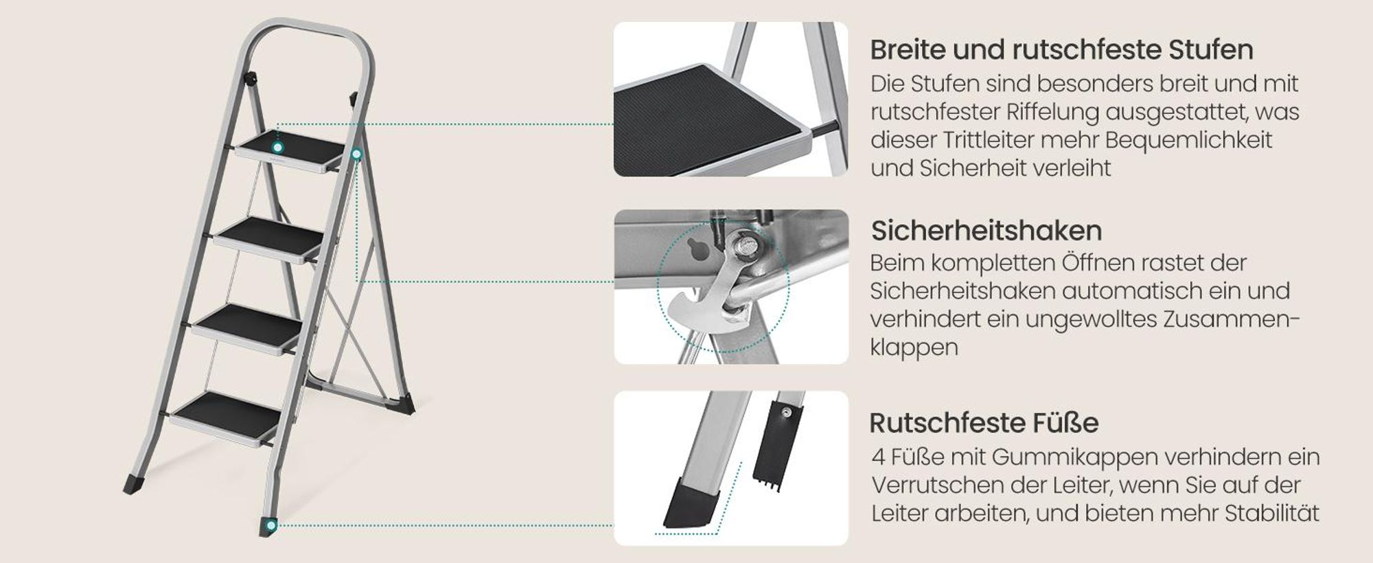 SONGMICS Trittleiter, Leiter mit 4 Stufen, Klapptritt, Klappsicherung