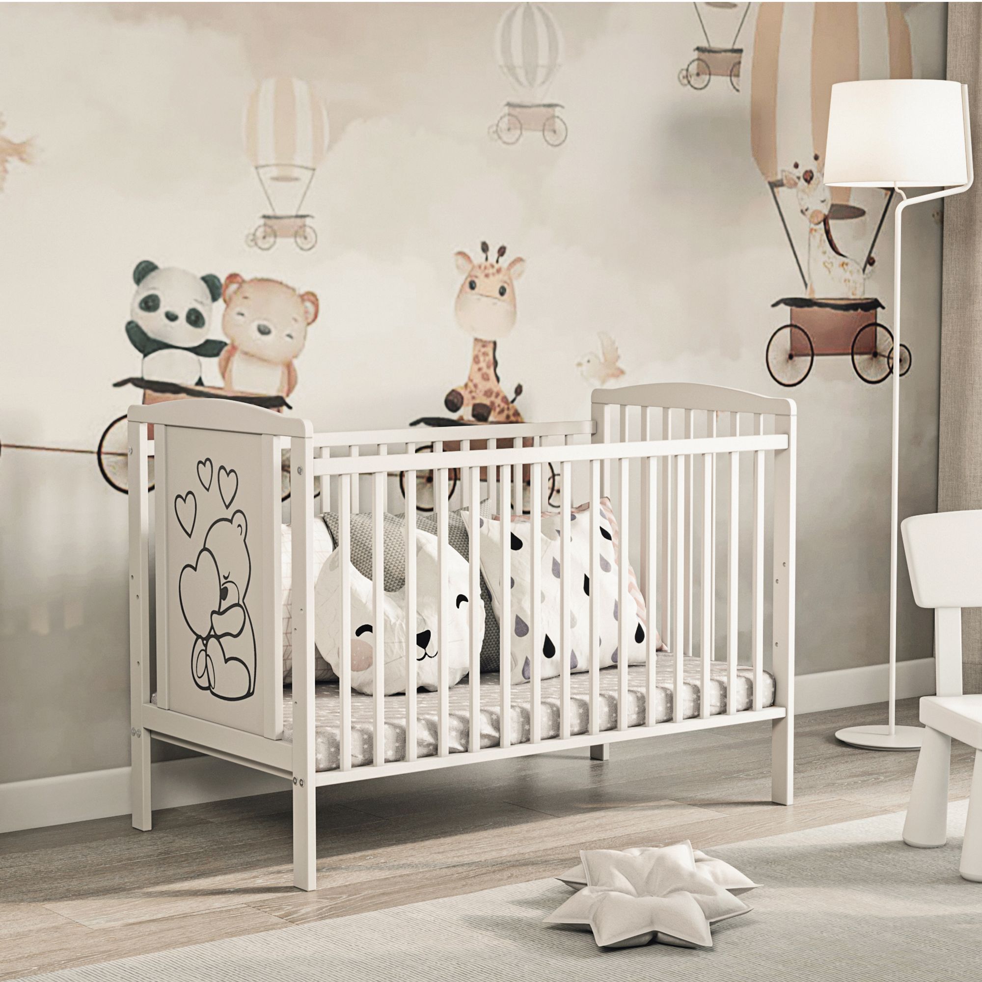 Kinderbett Babybett TIMMI – Ökologisch und aus Massivholz 3 fach höhenverstellbar inkl. Schaumstoffmatratze 60 x 120 cm Weiß