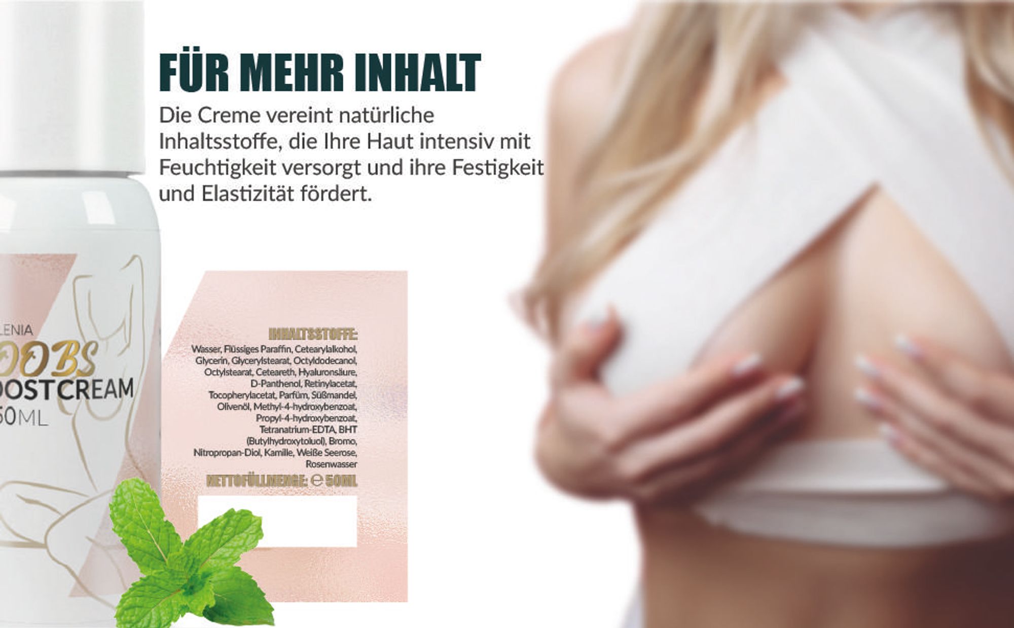 Enolenia® BoobsBoost - Push-Up Creme - Brustvergrößerungs Creme - Brust Vergrößerung – mit Hyaluronsäure – Push Up Effekt – ganz ohne OP - Brust