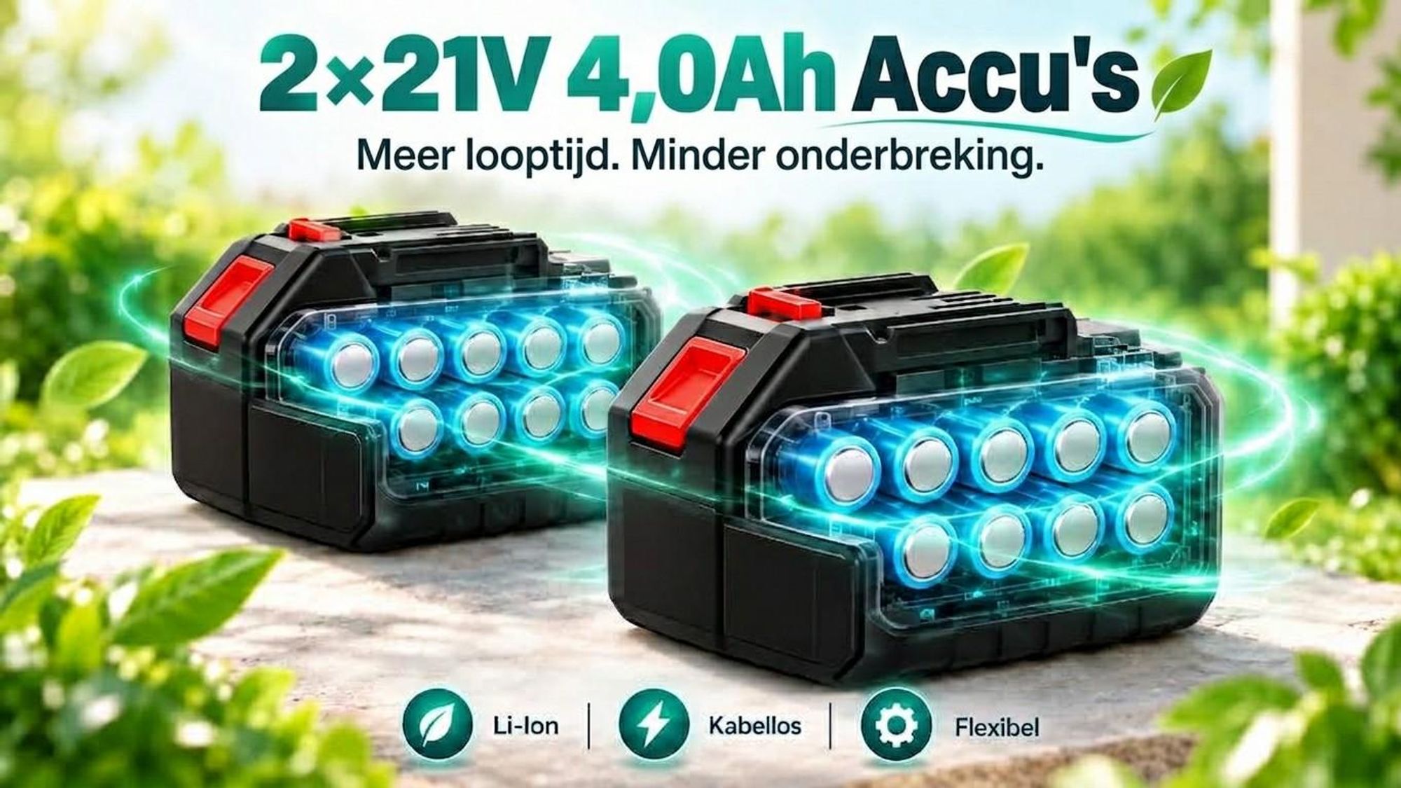 AJIEQAQ Accu-heggenschaar 21V met Brushless Motor, 1500W, 52 cm Mes, 2×4,0Ah Accu's, 360° Draaibare Handgreep, tot 26 mm Snijcapaciteit