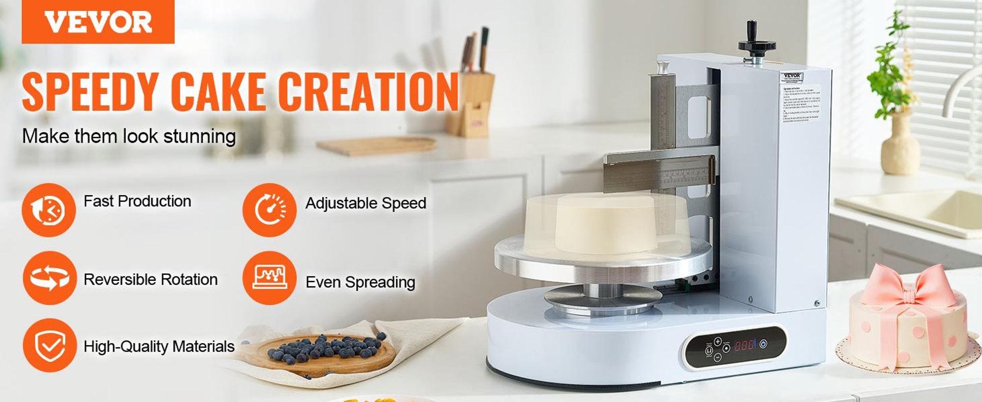 VEVOR Kuchen-Dekorationsmaschine, Kuchencreme-Verteilmaschine, leise Kuchen-Glasurmaschine, Drehteller mit verstellbarem Schaber, für 4" bis 12" Kuchen, 25-320RPM Drehgeschwindigkeit, Weiß, 4-12 in, Weiß