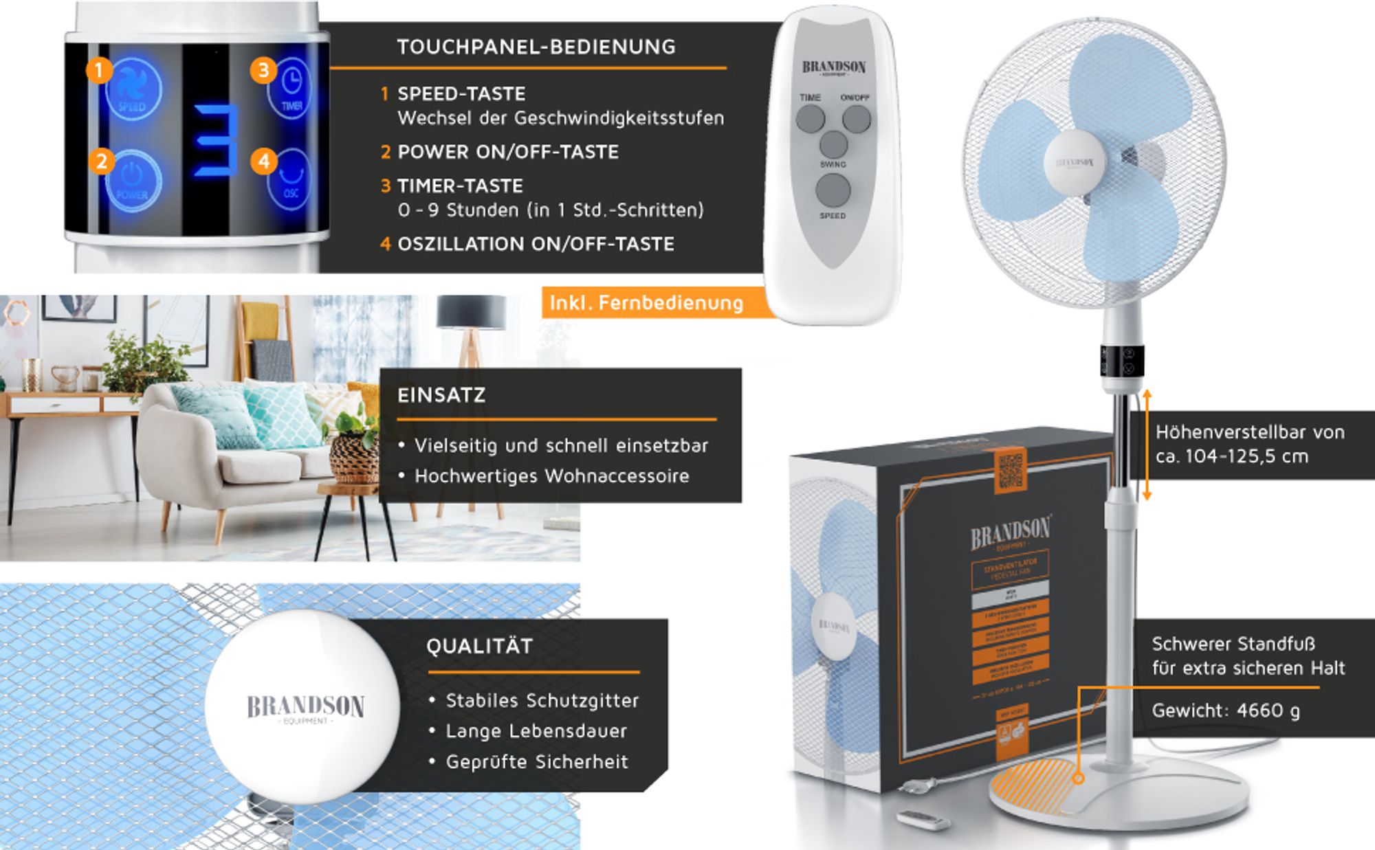 Höhenverstellbarer Standventilator mit Touchpanel, Fernbedienung und Verpackung gezeigt