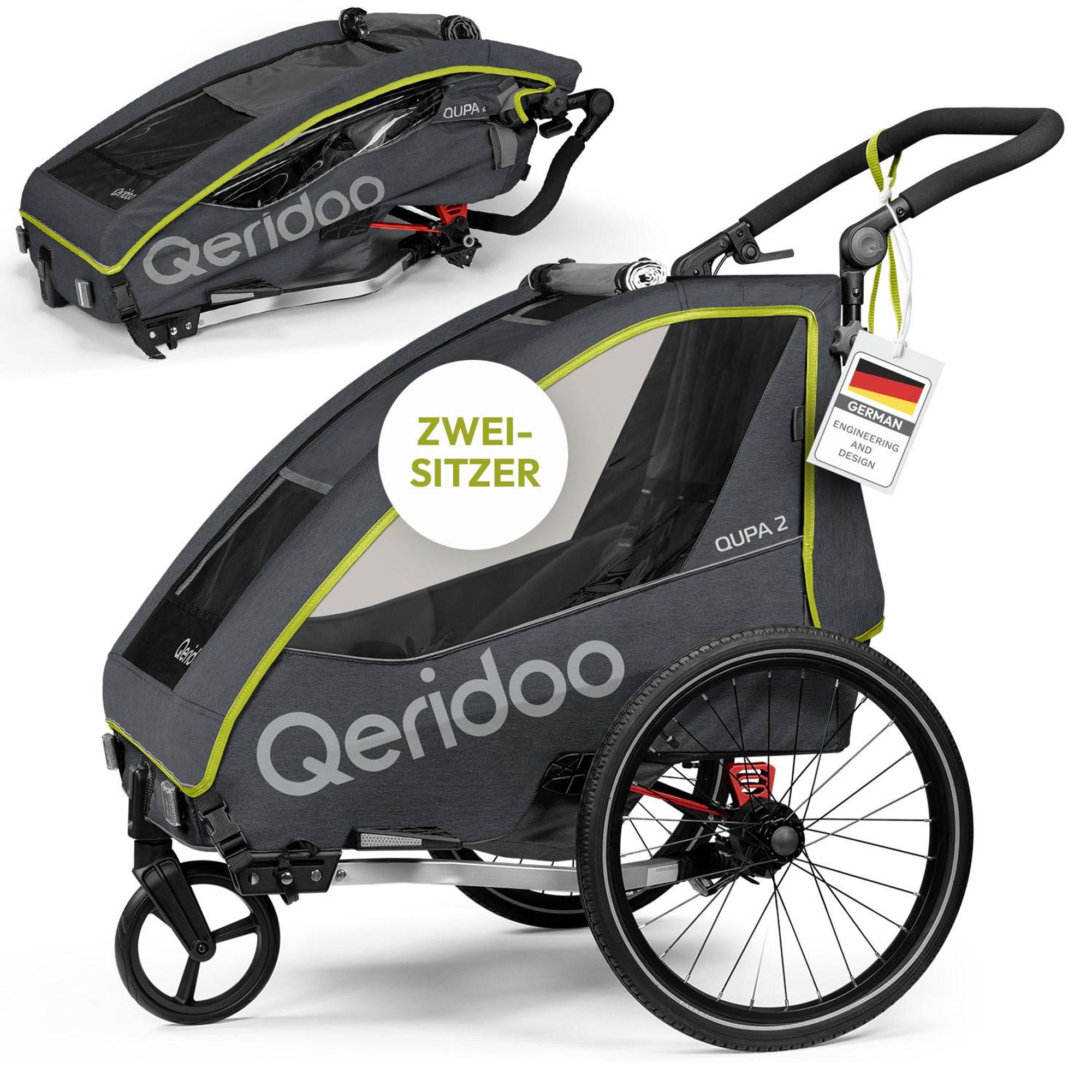 Qeridoo QUPA 2 - Kinderfahrradanhänger für 2 Kinder, Farbe: Lime
