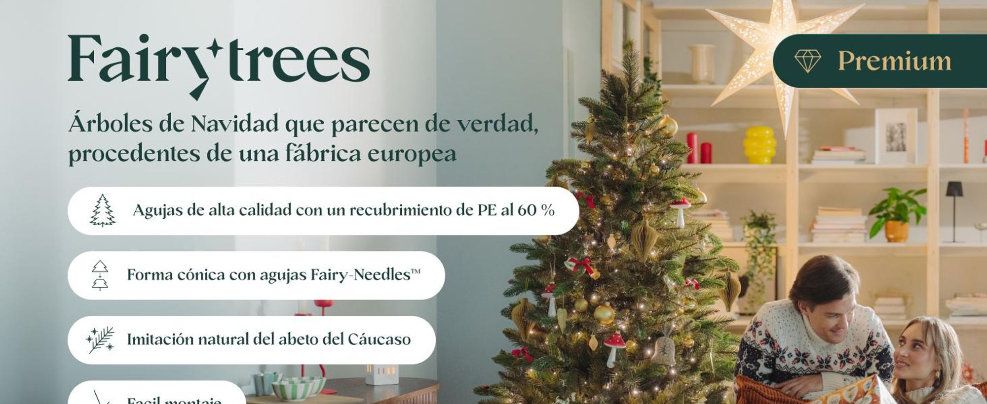 FAIRYTREES Árbol de Navidad, Nordmann Premium 180cm, la UE, Árbol Artificial Navideño, Árbol de Navidad con Mezcla de Dos Materiales, Árbol con Soporte de Madera de