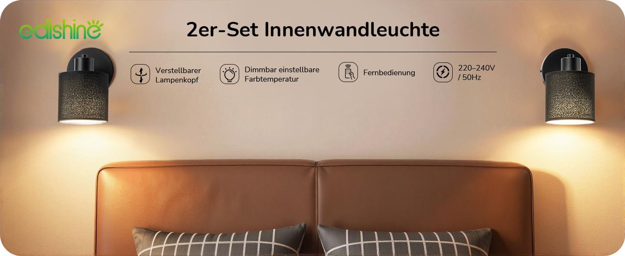 EDISHINE 2er Set Wandleuchte Innen, 350°/90° schwenkbar, LED Wandlampe Schwarz  Dimmbar mit Fernbedienung