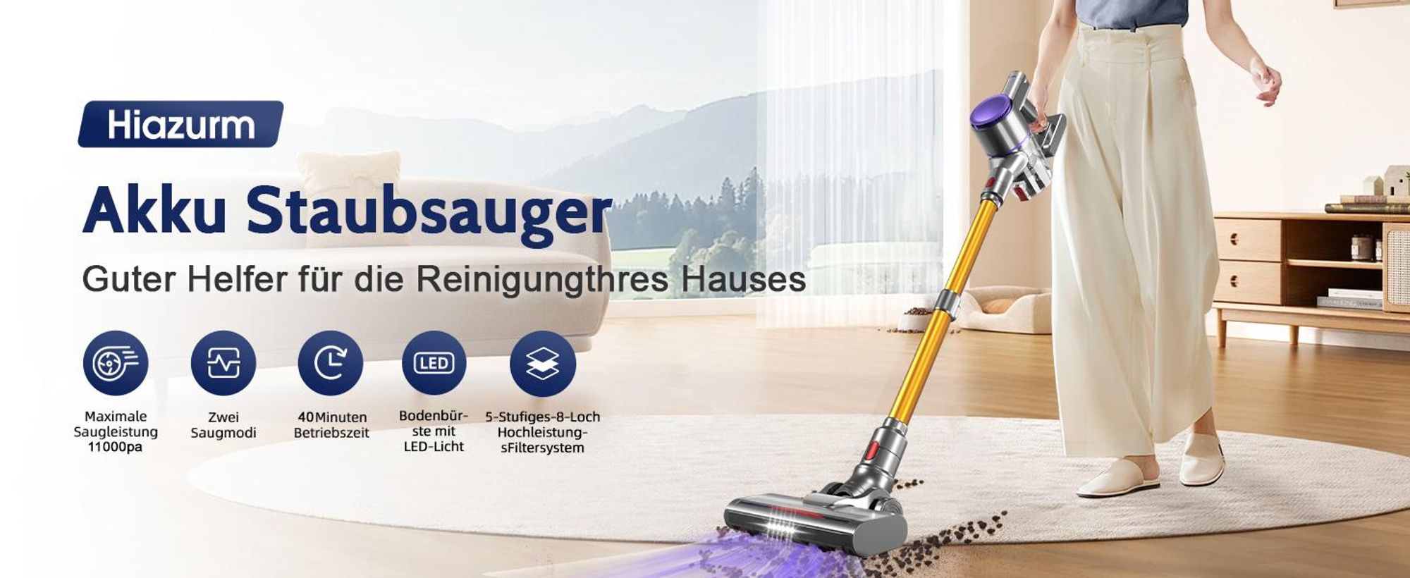 Hiazurm Akku Staubsauger,HEPAx4,Staubsauger kabellos,40 Min,Haushalte mit Haustieren ,kabelloser Staubsauger,Anti-Tangle-Staubsauger
