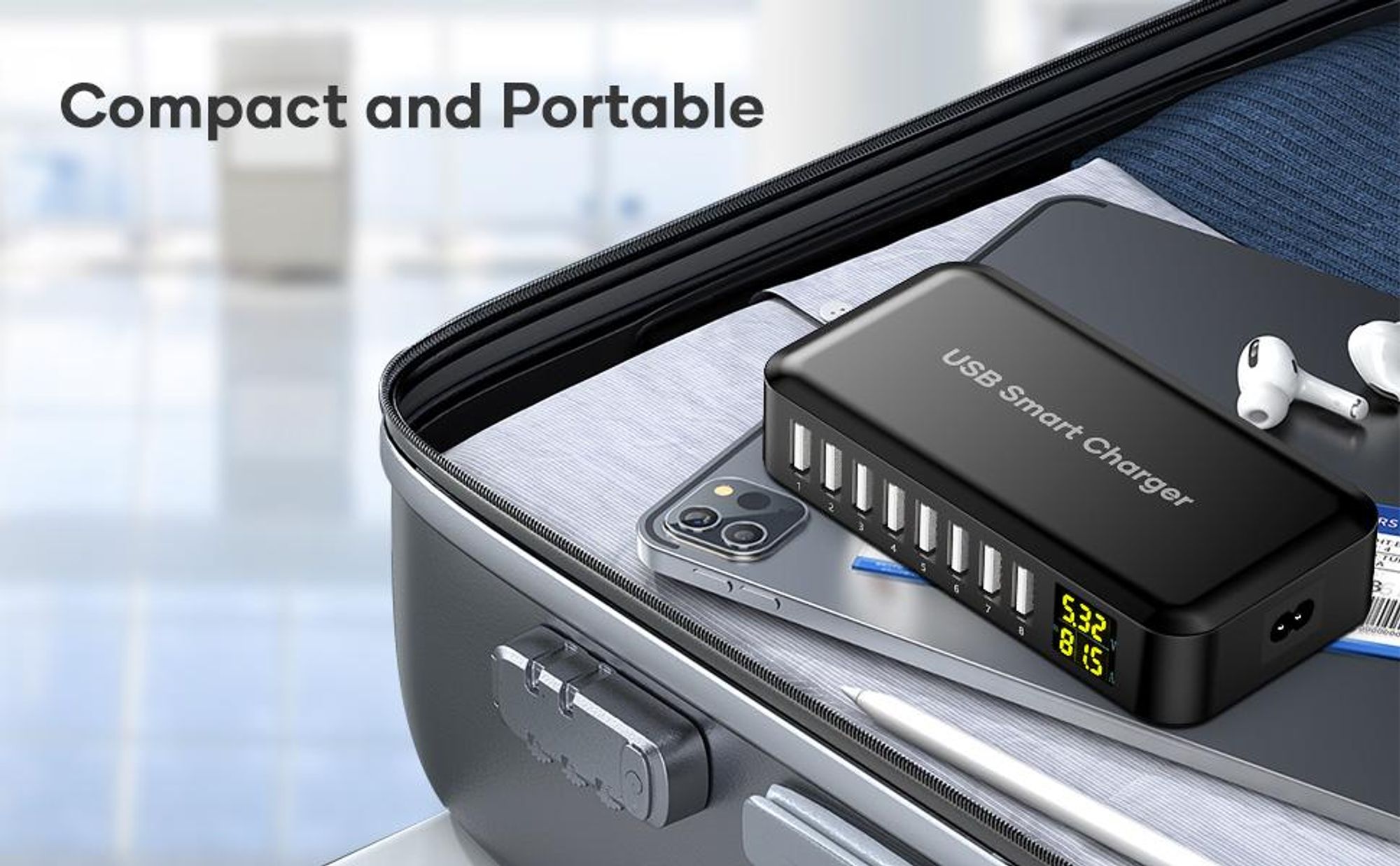 USB Ladegerät, USB Ladestation, 40W 8A 8-Port Ladestation, mit LCD-Display, für iPhone/ Huawei/ Xiaomi/ Samsung/ OPPO/ VIVO