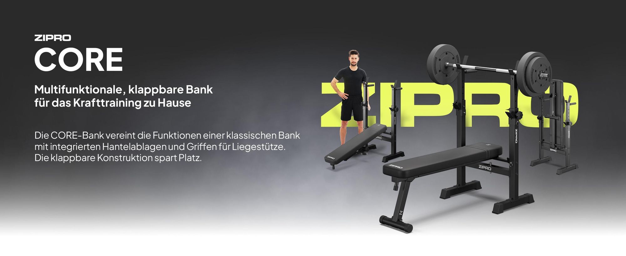 Zipro Hantelbank mit Langhantelablage Core – Klappbare Drückerbank für Bankdrücken Flachbank mit Dip-Barren Bis 230kg Belastbar Platzsparende