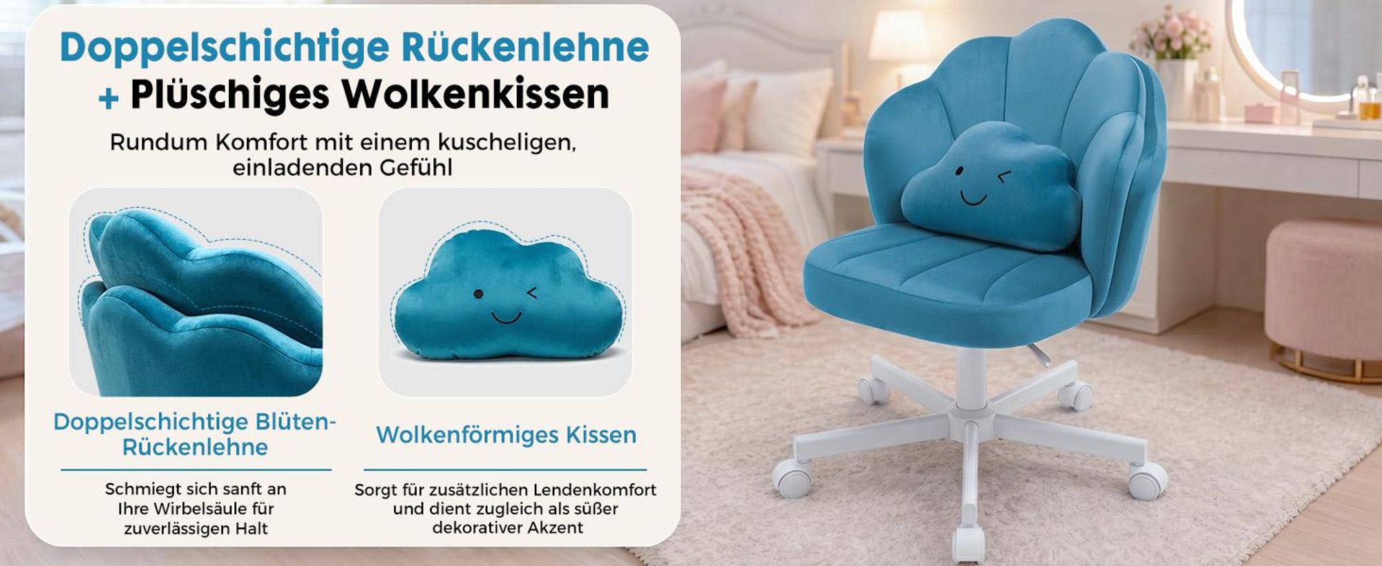 COMHOMA Schreibtischstuhl Schminkstuhl Bürostuhl mit Rollen Doppelter Rückenlehne und Wolkenkissen, Höhenverstellbarer Drehstuhl, Samt, Blau
