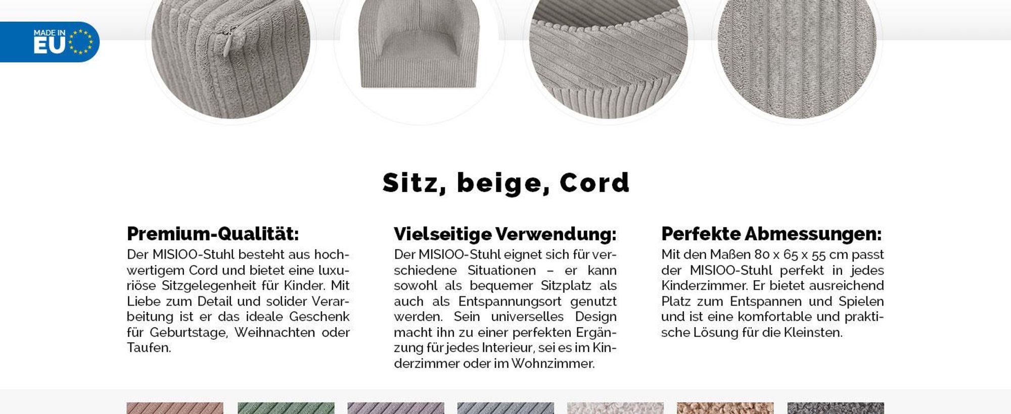 MISIOO Kindersessel Ab 1 Jahr – Corduroy Premium Sessel Kinder - Stabil Und Weich - Ergonomisch Gepolstert - 40x53x36 cm