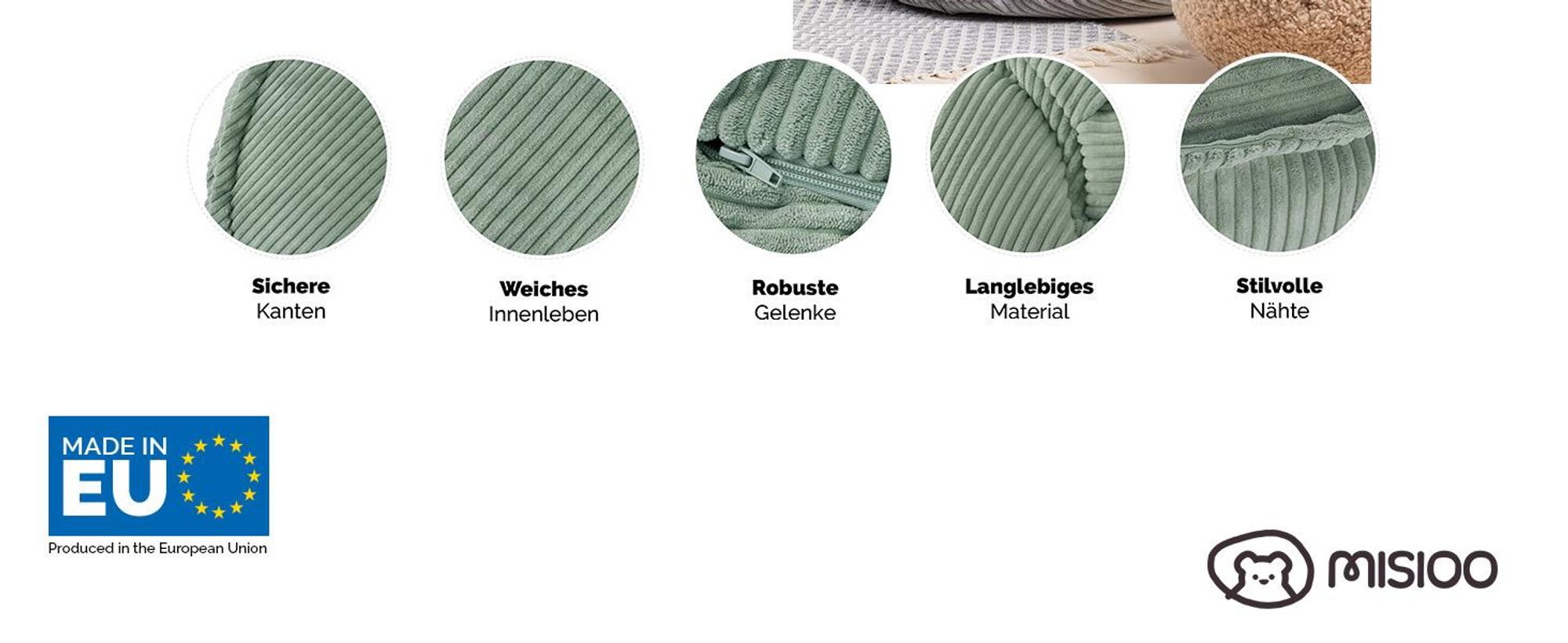 MISIOO Sitzsack Kinder – Waschbar –  – Stabile und Weiche Konstruktion – Cord-Material – 68x45 cm – Perfekt für Kinderzimmer - Olive