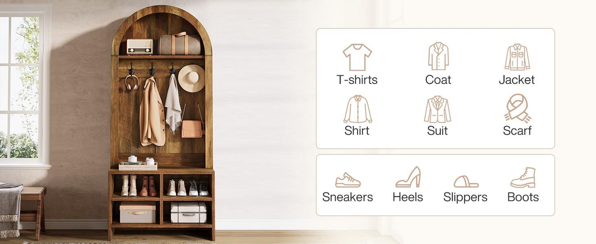 180 cm hoher Flurbaum mit Bank und Schuhablage, 4-in-1-Garderobe mit gewölbtem Bügelgestell und Schuhschrank, Flurmöbel mit 4 Haken
