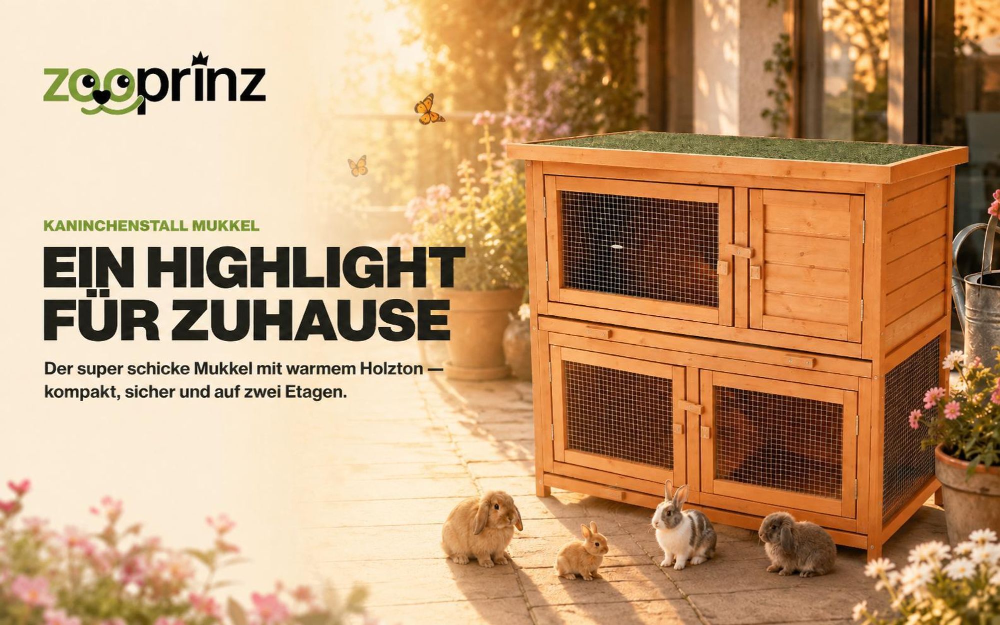 zooprinz Hasenstall Mukkel Wetterfest 2-Etagen Klappdach lasiertes Massivholz 104x94x55cm (BxHxT)