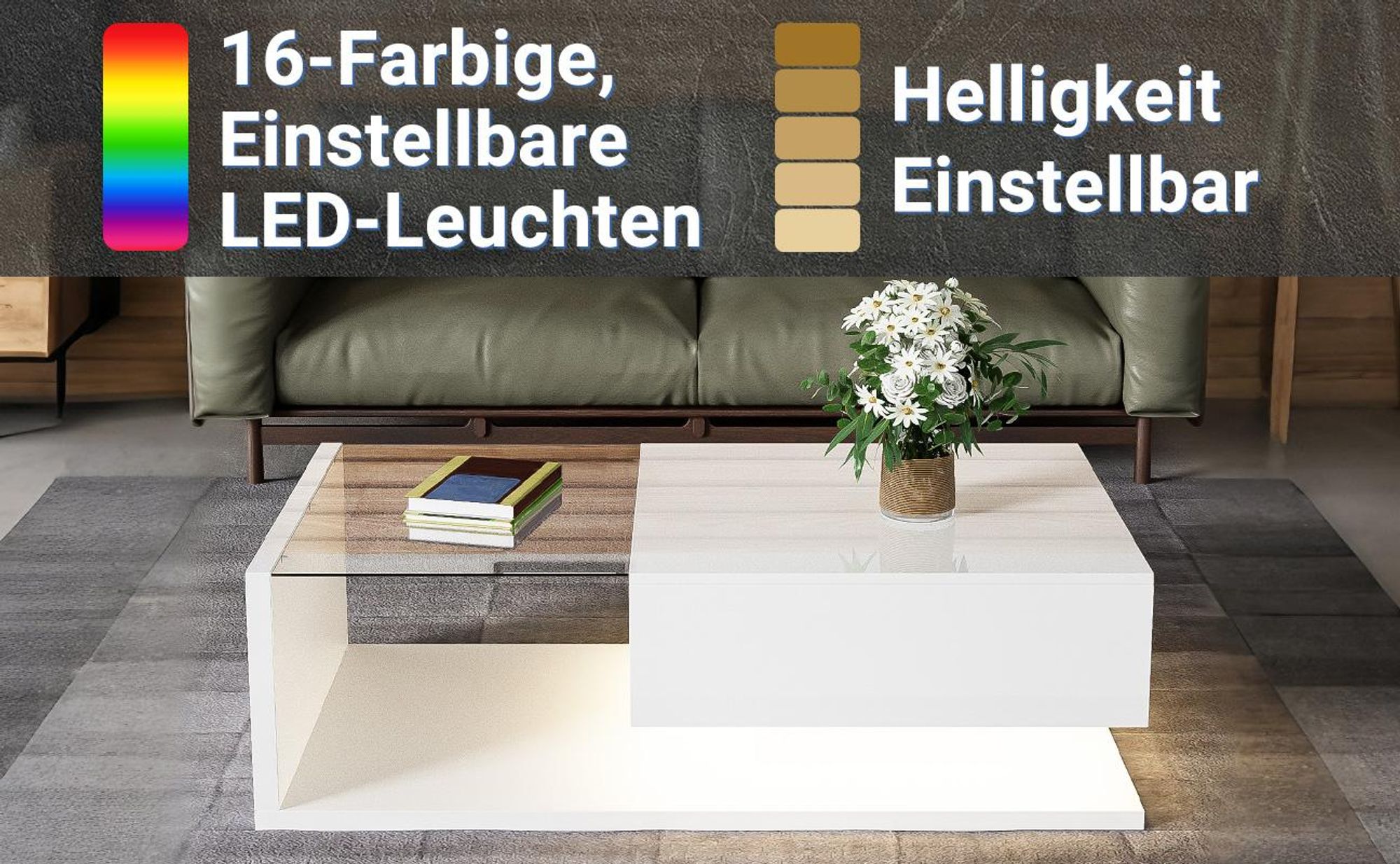 MODFU Couchtisch Hochglanz mit Glas und LED-Effekt,Rechteckiger Wohnzimmertisch mit Ablagefach,Beistelltisch&Sofatisch für Wohn- und Schlafzimmer,Weiß