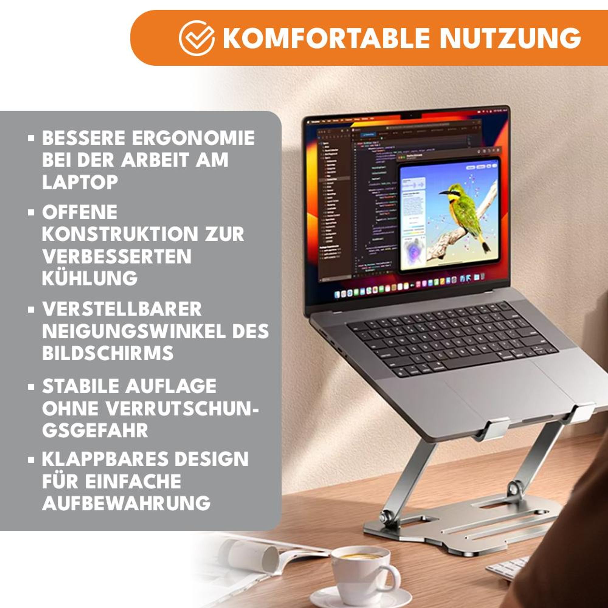 KRUMAD Laptop Ständer höhenverstellbar, klappbarer Notebook Ständer aus Metall, rutschfest & stabil, für Schreibtisch Sofa Bett, bis 8 kg