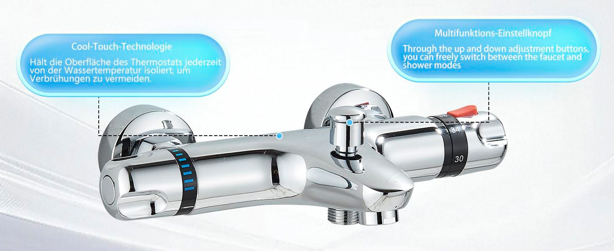 Badewannenarmatur, Wannenarmatur, Duscharmatur, Wasserhahn Badewanne, Mischbatterie, Armatur Badewanne mit Thermostat, 38°C Sicherheitstaste