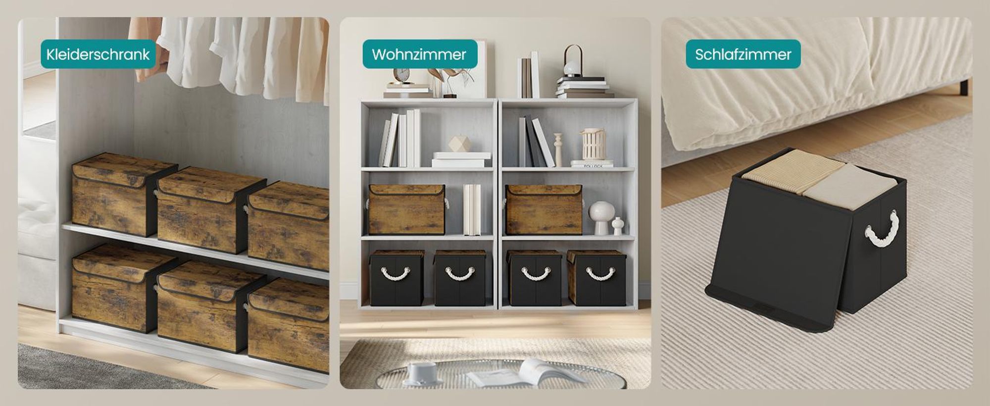SONGMICS Aufbewahrungsbox 3er Set mit Deckel, Faltbare und Stapelbare Stoffboxen, 38 x 25 x 25 cm, Schwarz