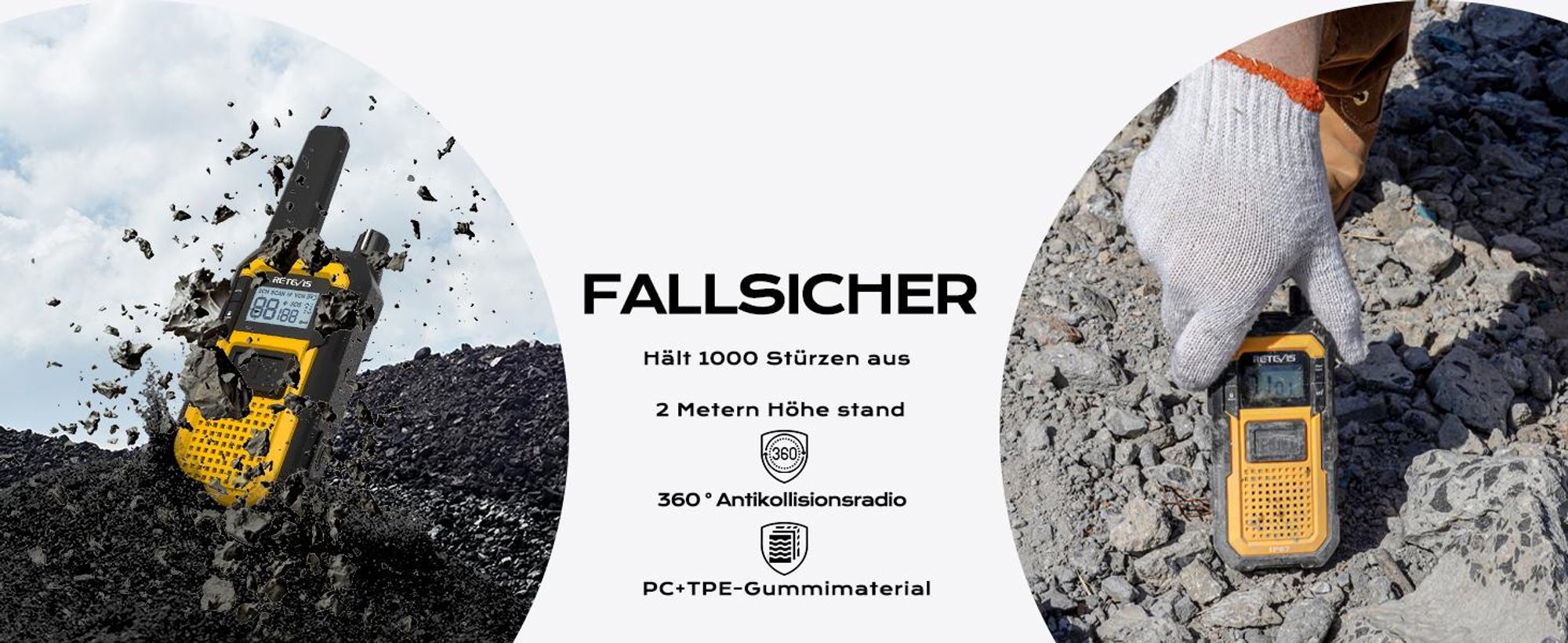 Retevis RB648 Heavy Duty Walkie Talkies, Wasserdichtes Funkgerät IP67, Dual PTT, 2000mAh Type C Ladung, Notfall Walkie Talkie Erwachsene für Baustelle (2 Stück)