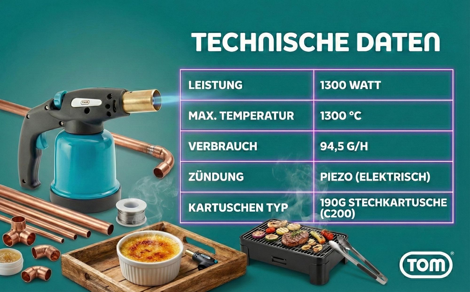 Lötbrenner Gasbrenner Bunsenbrenner SET | TOM GB-190 | mit 4 x 190g Gaskartuschen | 1300W |  94,5 g/h | Piezozündung