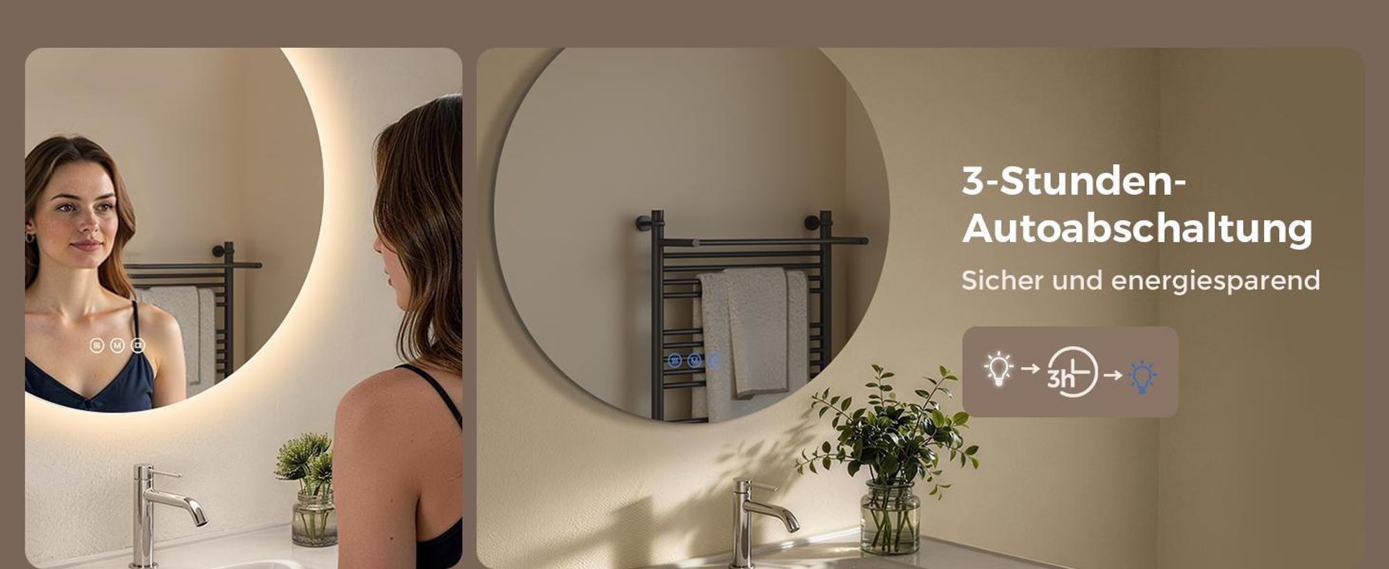 S'AFIELINA Badspiegel Rund 50 cm mit Beleuchtung, LED Badezimmerspiegel, dimmbar, 3 Lichtfarben, Antibeschlag, Touch, Speicherfunktion