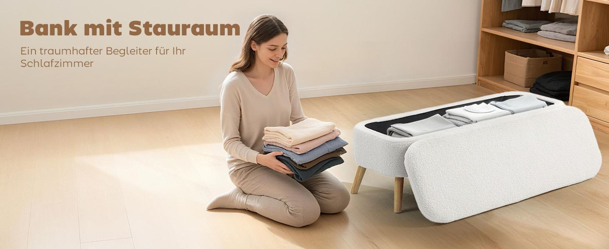 HOMCOM Sitzbank mit Stauraum Polsterbank mit Fleece-Optik, Holzbeine Cremeweiß