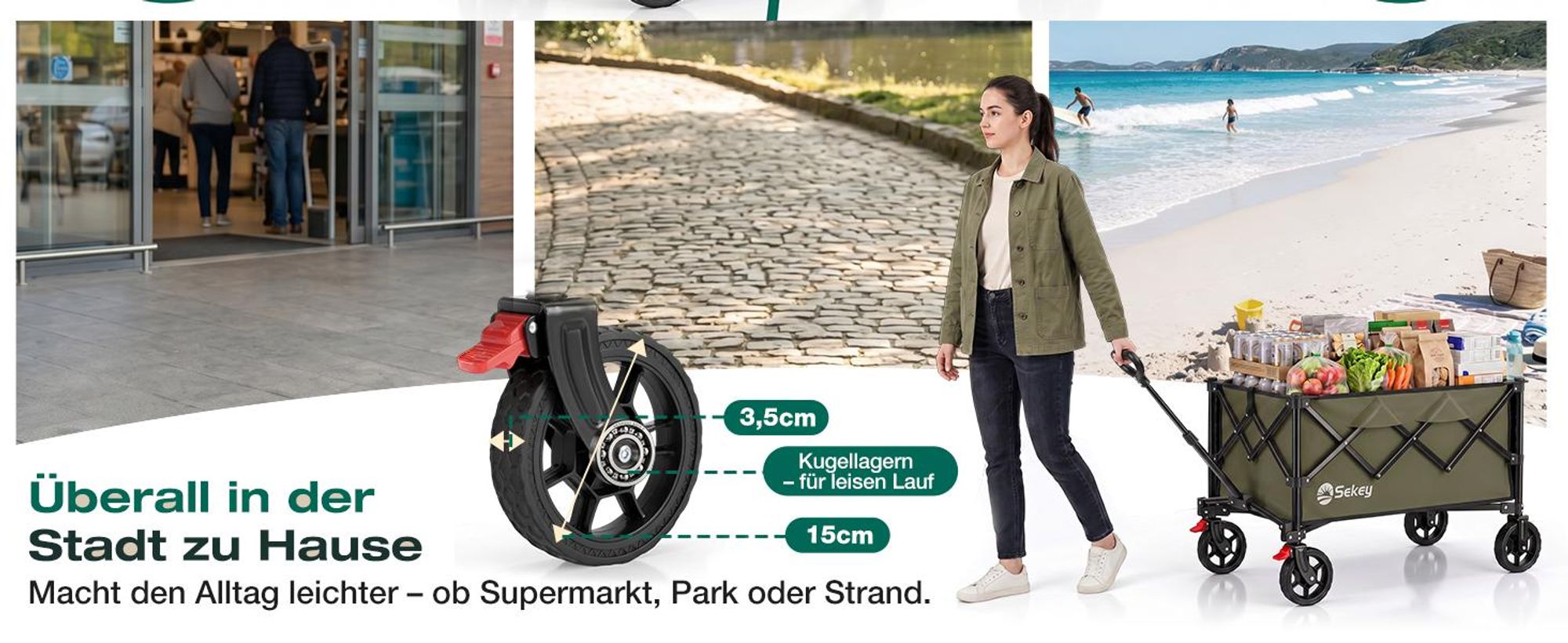Sekey Bollerwagen faltbar 150 kg mit Bremsen, klappbarer Handwagen für Garten und Ausflug, Grün