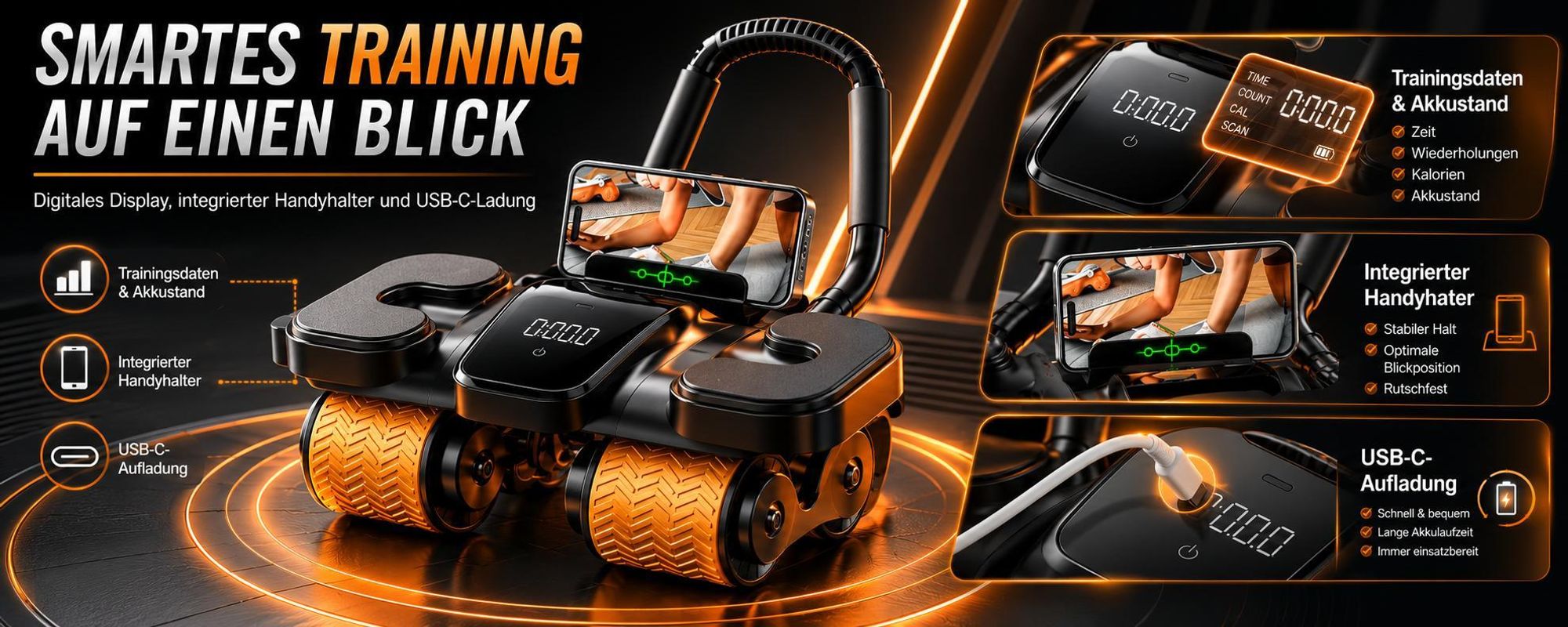 4-rädriger automatischer Rückfederung Bauchtrainer,Ab Roller Wheel mit LCD-Display, Intelligenz zählen, bauchtrainer elektrisch mit Ellbogenstütze