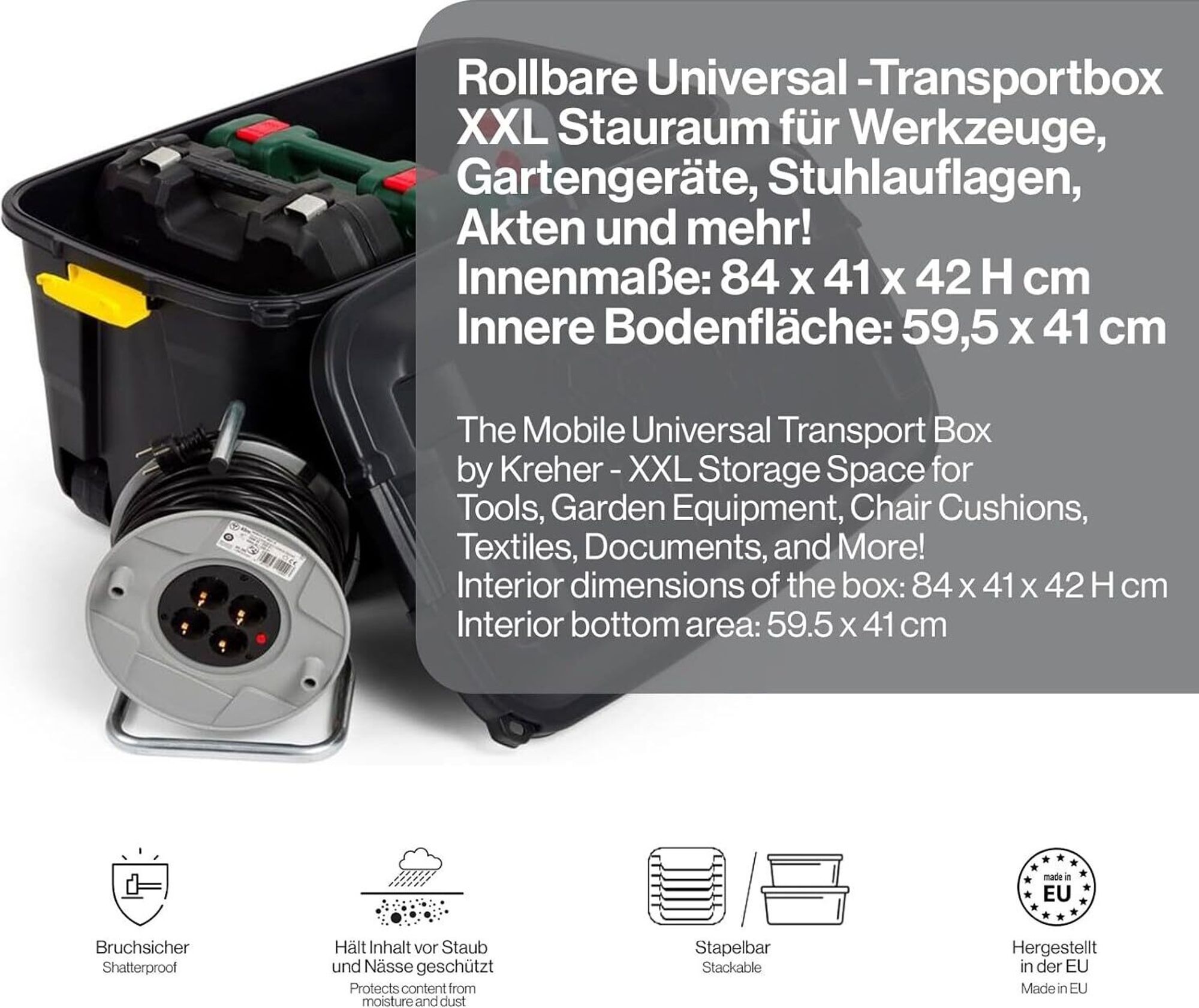 Kreher XL Transportbox Rollbox 75 Liter in Schwarz