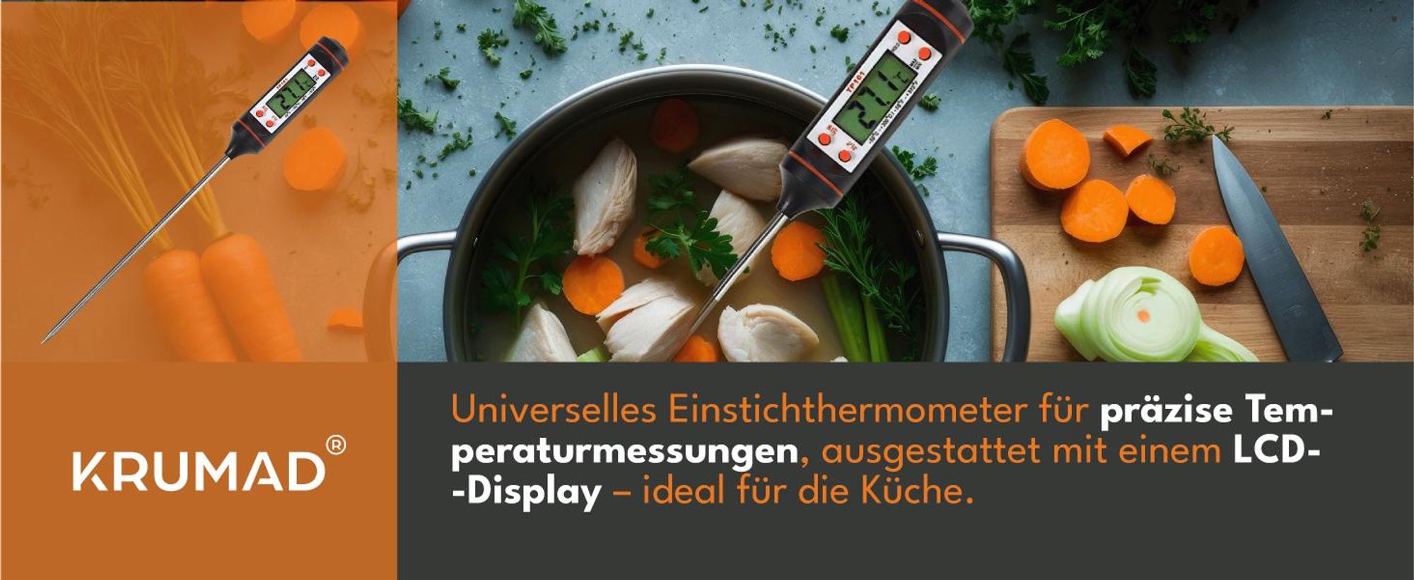 KRUMAD Digitales Küchenthermometer – Fleischthermometer mit Edelstahlsonde – Präzises Lebensmittelthermometer für Grill, Braten & Küche – Messbereich