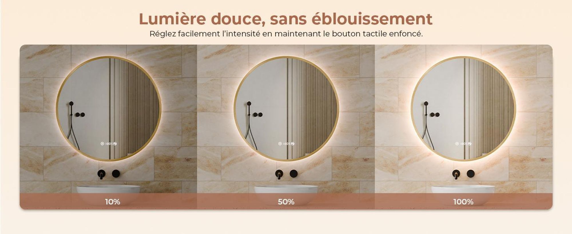 S'AFIELINA miroir salle de bain LED 70 cm rond, tactile, anti-buée, variateur, horloge, température, mémoire, bordure dorée.