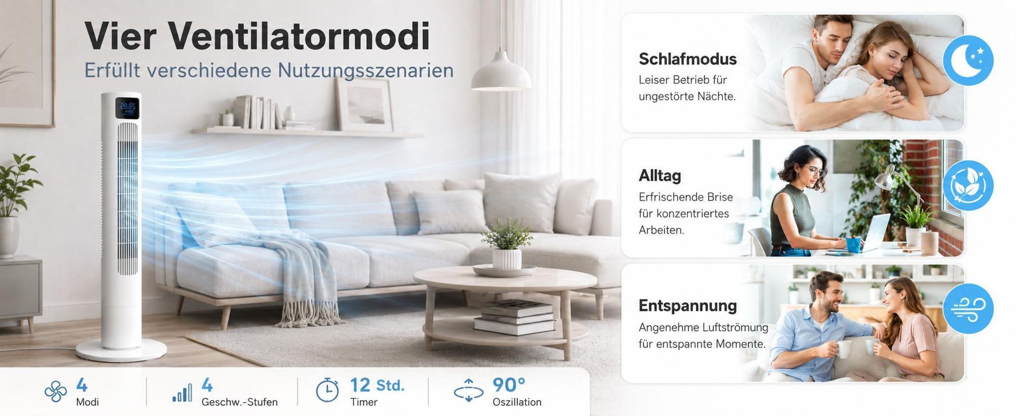 Draixcor Turmventilator leise 110 cm, Tower Ventilator mit Fernbedienung, 90° Oszillation, 12h Timer, 4 Modi, 4 Stufen, LED-Display für Schlafzimmer