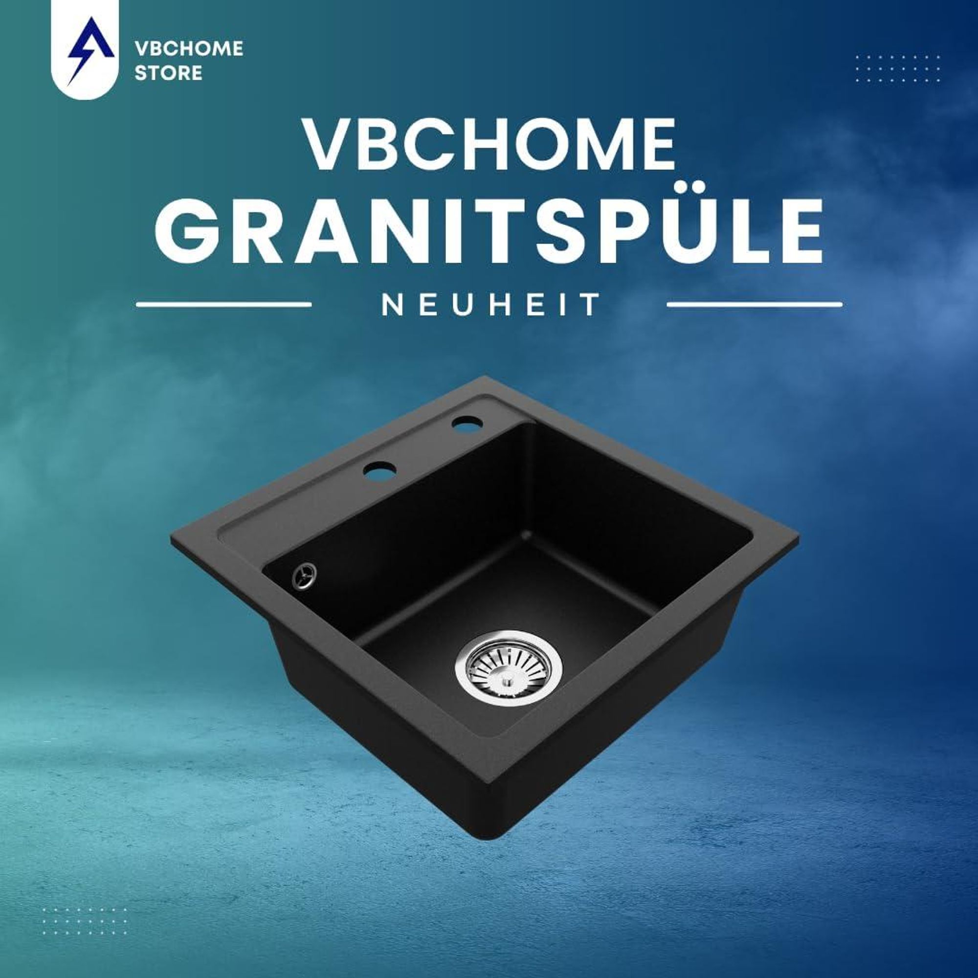 VBChome Granitspüle 44 x 44 cm Schwarz mit Armatur Einzelbecken Einbauspüle Gesprenkelt Pflegeleichtes Spülbecken mit Siphon Ideal für kleine Küchen