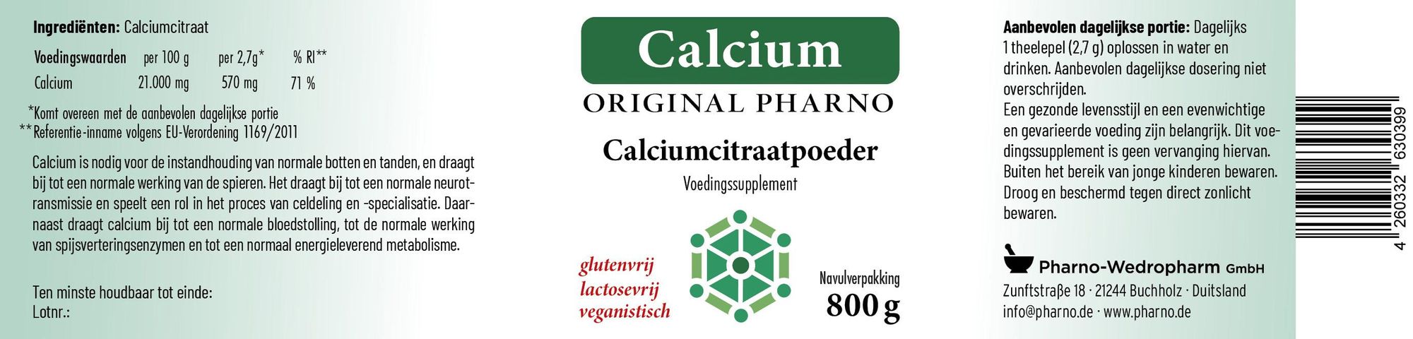Original Pharno Calciumpoeder 800 g – puur calciumcitraat