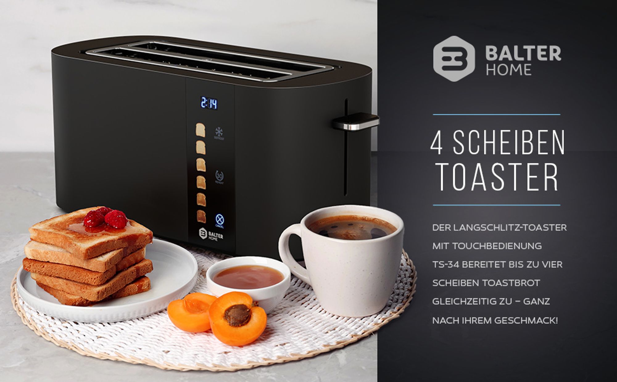 Balter Toaster 4 Scheiben, Edelstahl, Langschlitztoaster mit Brötchenaufsatz, 1400W, LCD Display, Defrost-/Aufwärmfunktion, Krümelschublade, Schwarz