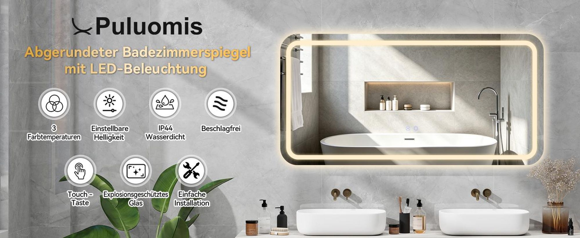 Puluomis Badspiegel 120x60 beschlagfrei mit 3 Farbe Beleuchtung, dimmbare Helligkeit, Badezimmerspiegel IP44 Spritzwassergeschützt, schwarze Rahmen