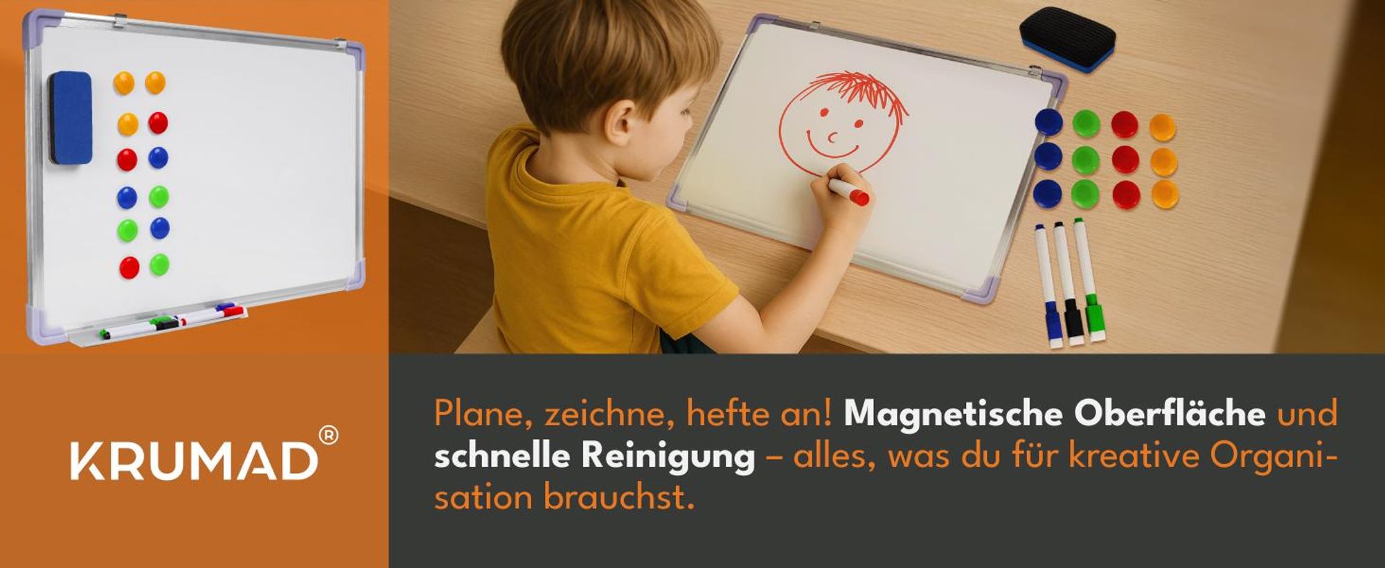 KRUMAD Whiteboard Magnetisch 90x60 cm – Magnettafel mit Zubehör, abwischbare Schreibtafel mit Metallrahmen - inkl. Stifte, Magnete & Radierer