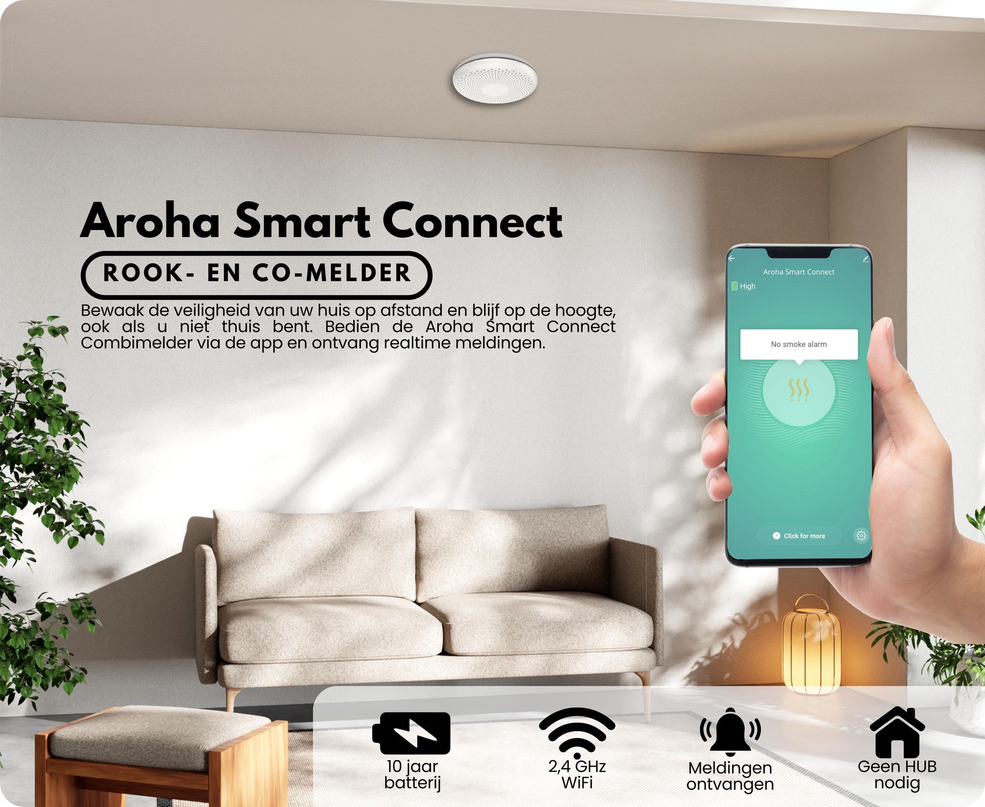 Aroha Smart Connect combinatie: rookmelder en koolmonoxidemelder (CO-melder), met Wi-Fi - 10 jaar batterijduur, met Tuya-app - 2 stuks