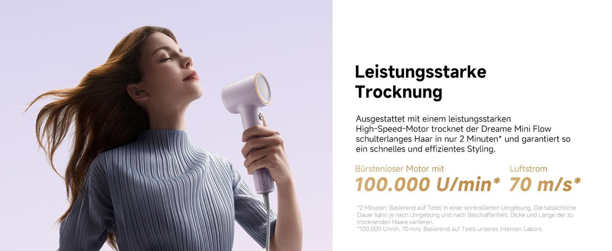 Dreame Mini Flow Hochgeschwindigkeits-Haartrockner,270g,schnelltrocknend,100K U/min Motor,NTC-Temperaturregelung,Ionen-Technologie,5 modi,Lila