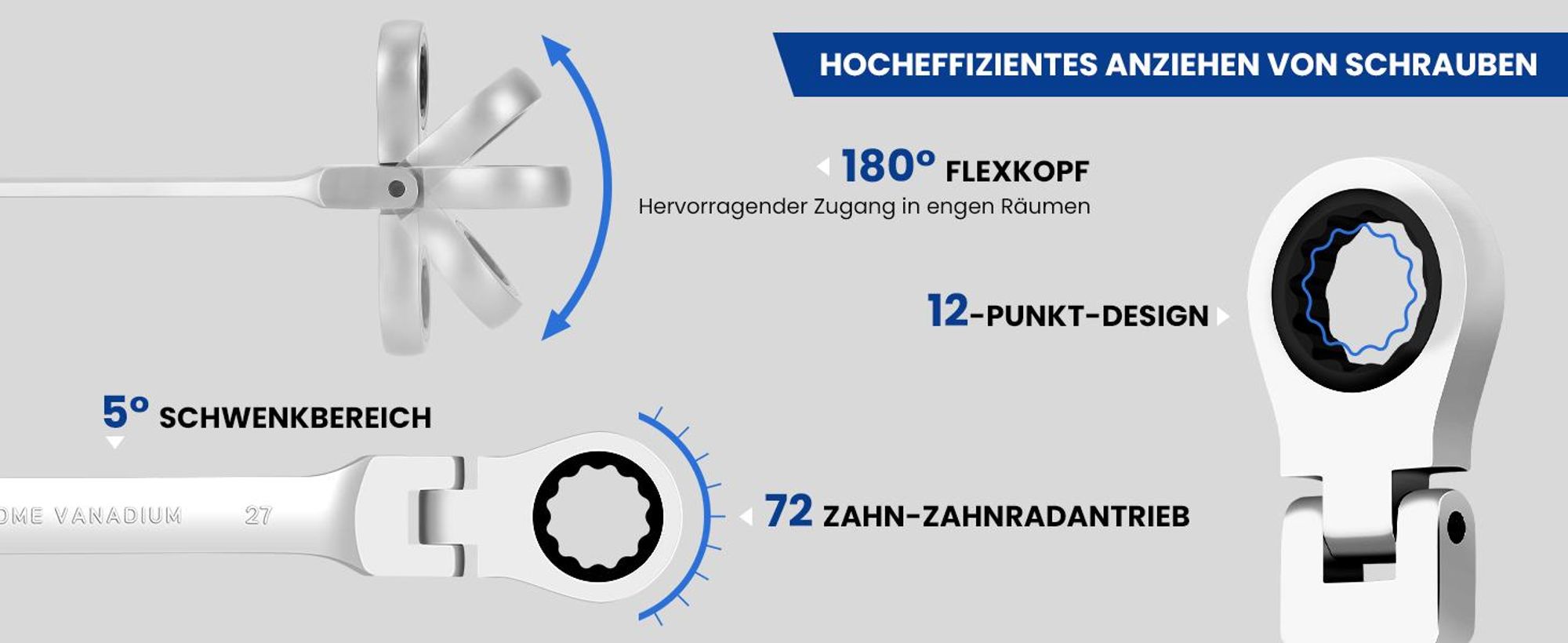 Ratschenschlüssel-Sets, 22-teilig, 180° flexkopf, 72-Zahn-Ratschengetriebe, 6–32 mm