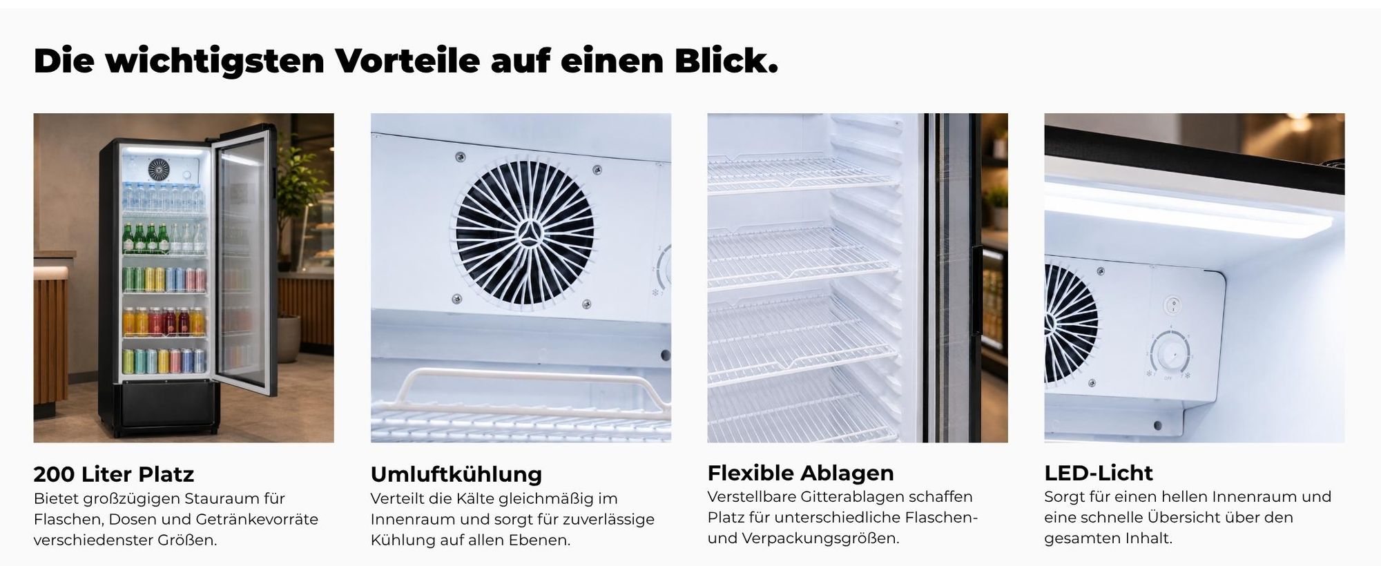 Exquisit Glastürkühlschrank, 200l Getränkekühlschrank mit LED, Umluft, 3 verstellbare Ablagen, CoolPro, GKS5180-GT-431D schwarz