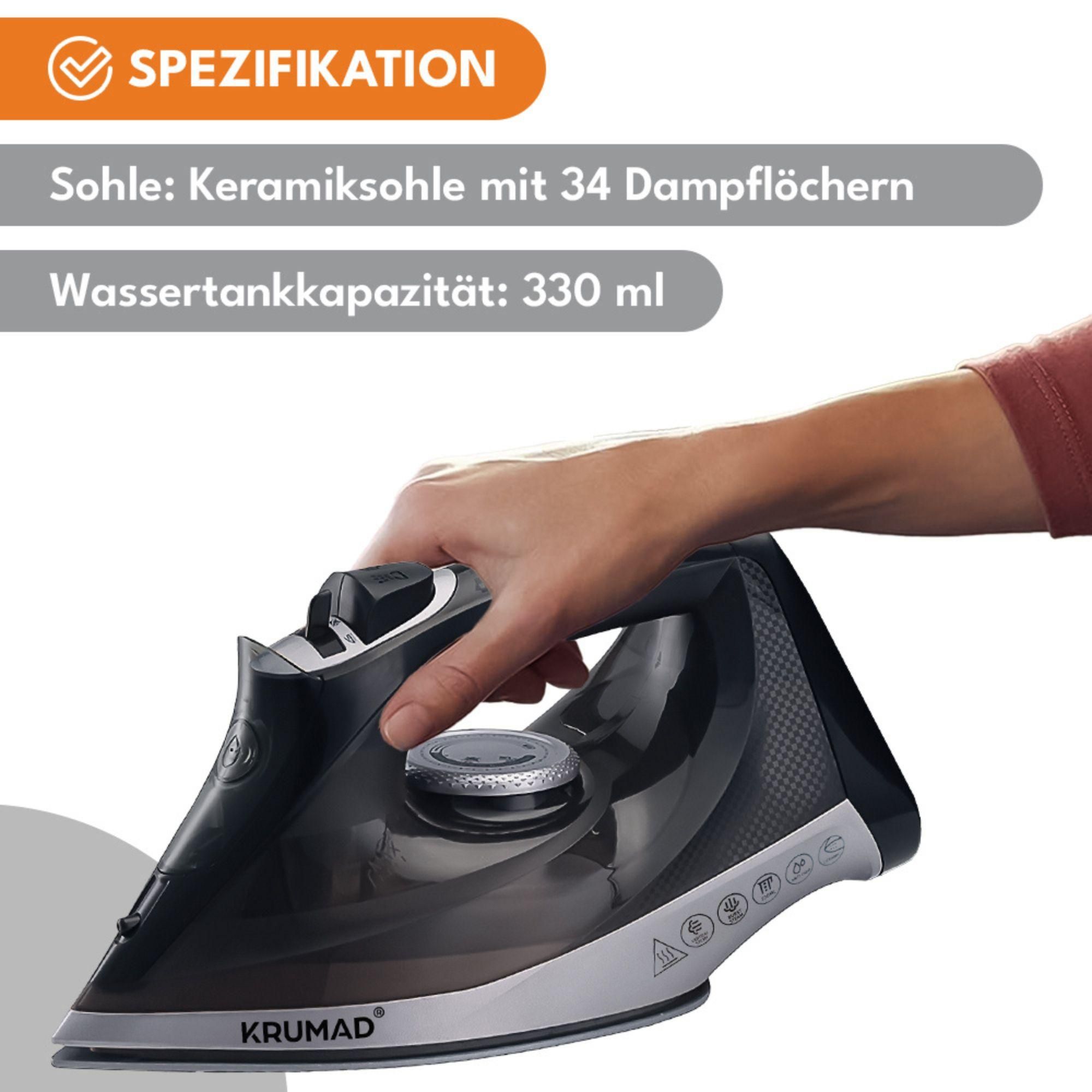 KRUMAD Dampfbügeleisen 2600W, kabellos & kabelgebunden – Keramiksohle mit 34 Dampflöchern, 330 ml Tank – Dampfstoß, Sprühfunktion, Anti-Kalk