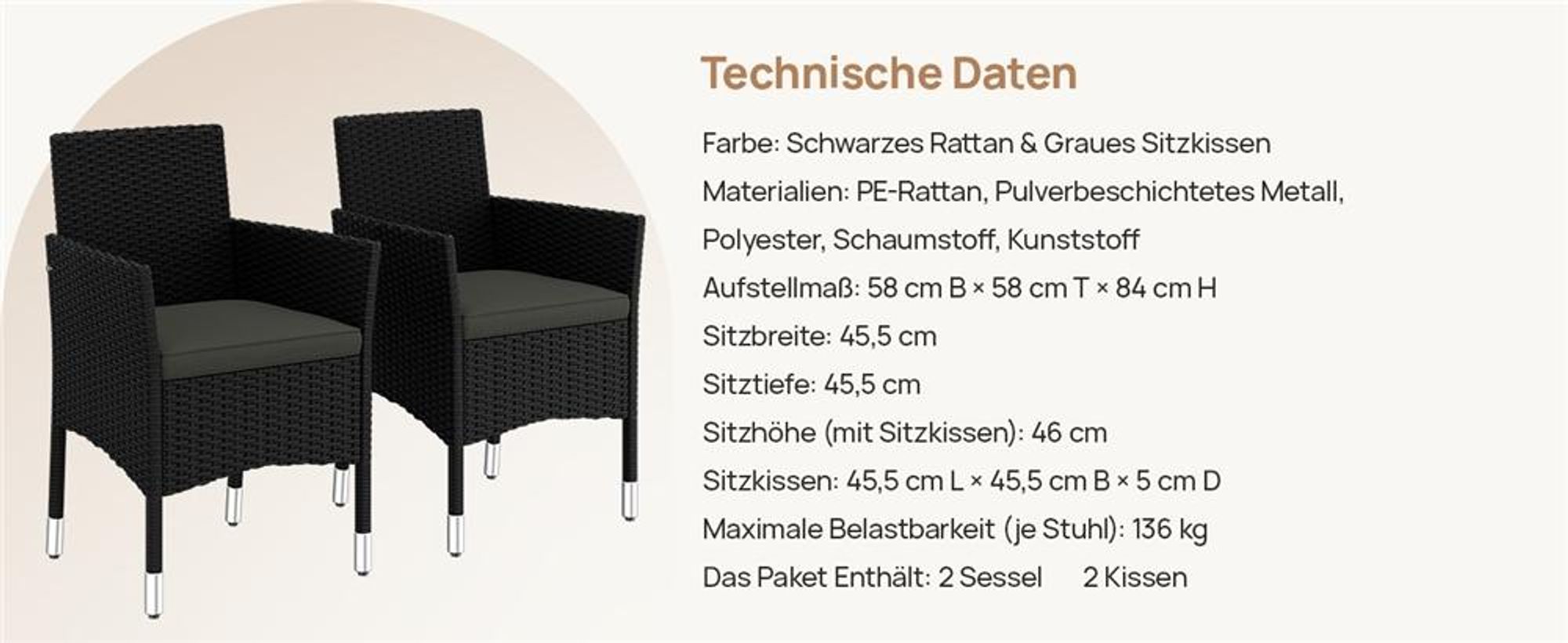 Yaheetech 2er Set Gartenstuhl aus Polyrattan, inkl. Sitz- & Rückenpolster, Gartenmöbel Set mit 2 Sessel, wasserabweisend & waschbar, Schwarz & Grau
