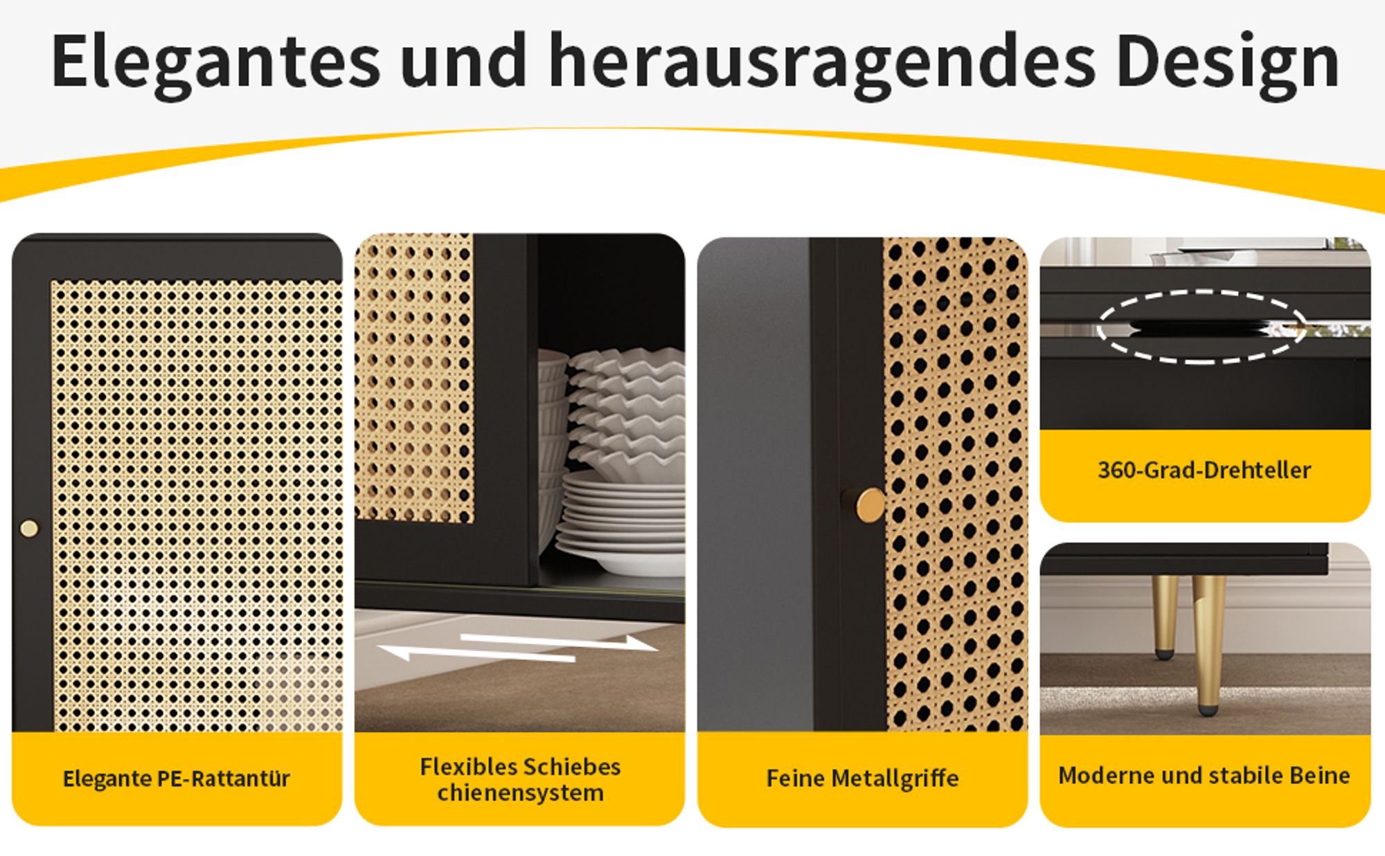 Flieks Bartisch 360°drehbar mit Rattan-Schiebetür, Stehtisch mit klappbare Tischplatte, Sideboard Essbar 120-187x40-80x76 cm, schwarz