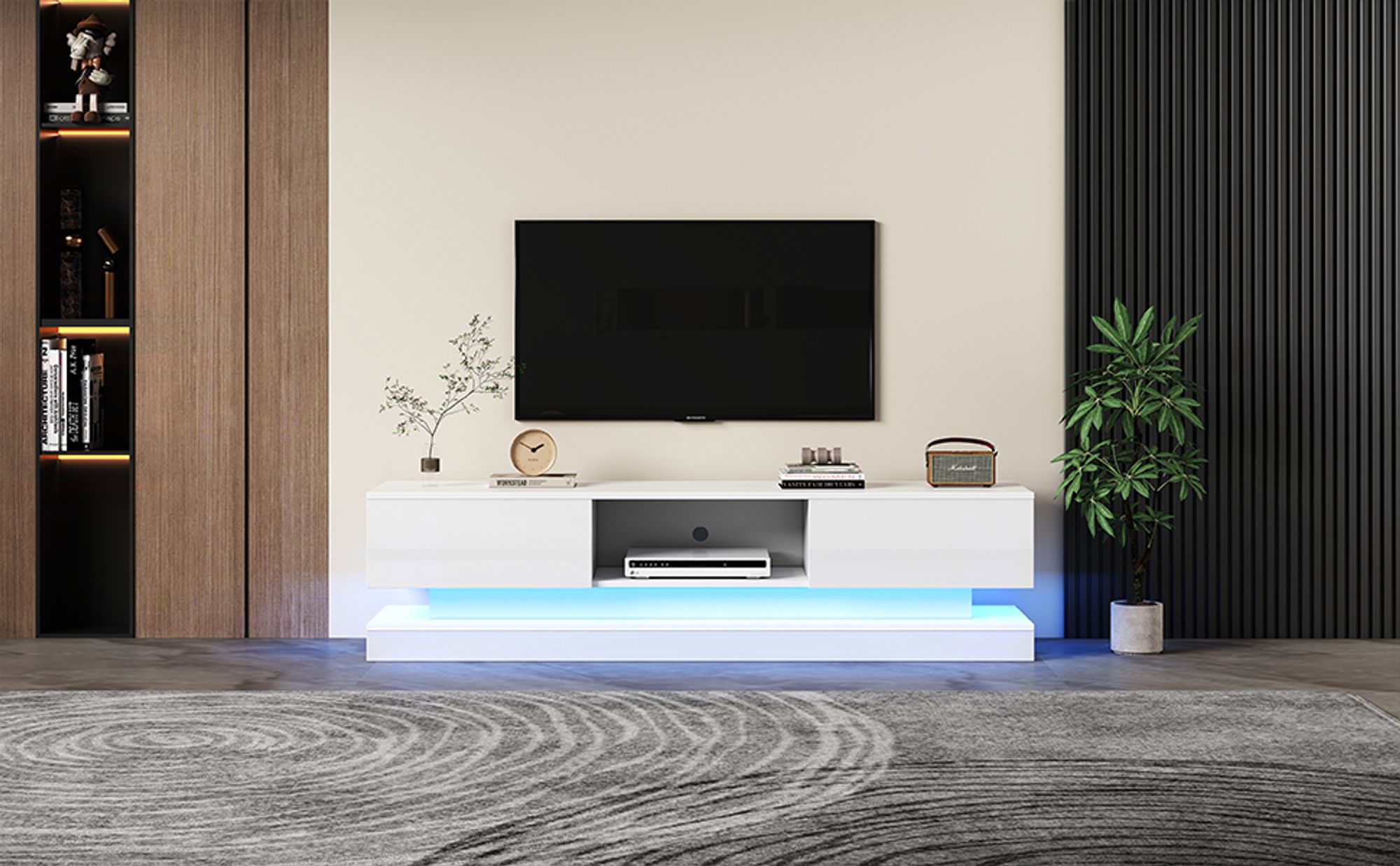 Merax TV-Lowboard mit 2 Schubladen und offenes Fach, TV-Schrank hochglanz Weiß, Fernsehtisch mit Anti-Kipp und APP Timer, TV-Board 160cm Breite