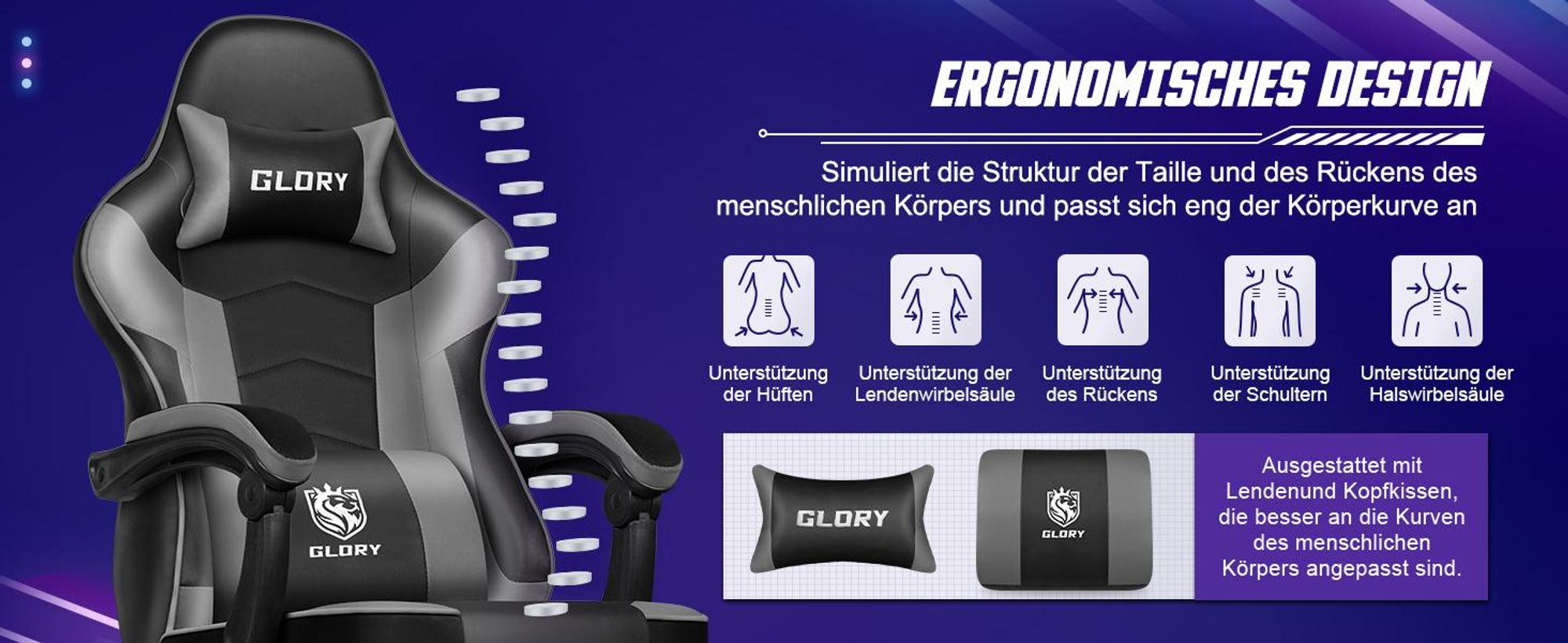 Aiibot Gaming Stuhl Bürostuhl Schreibtischstuhl Ergonomischer Gaming Sessel mit Fußstütze und Lordosenstütze, Wippfunktion90°-170°, Grau