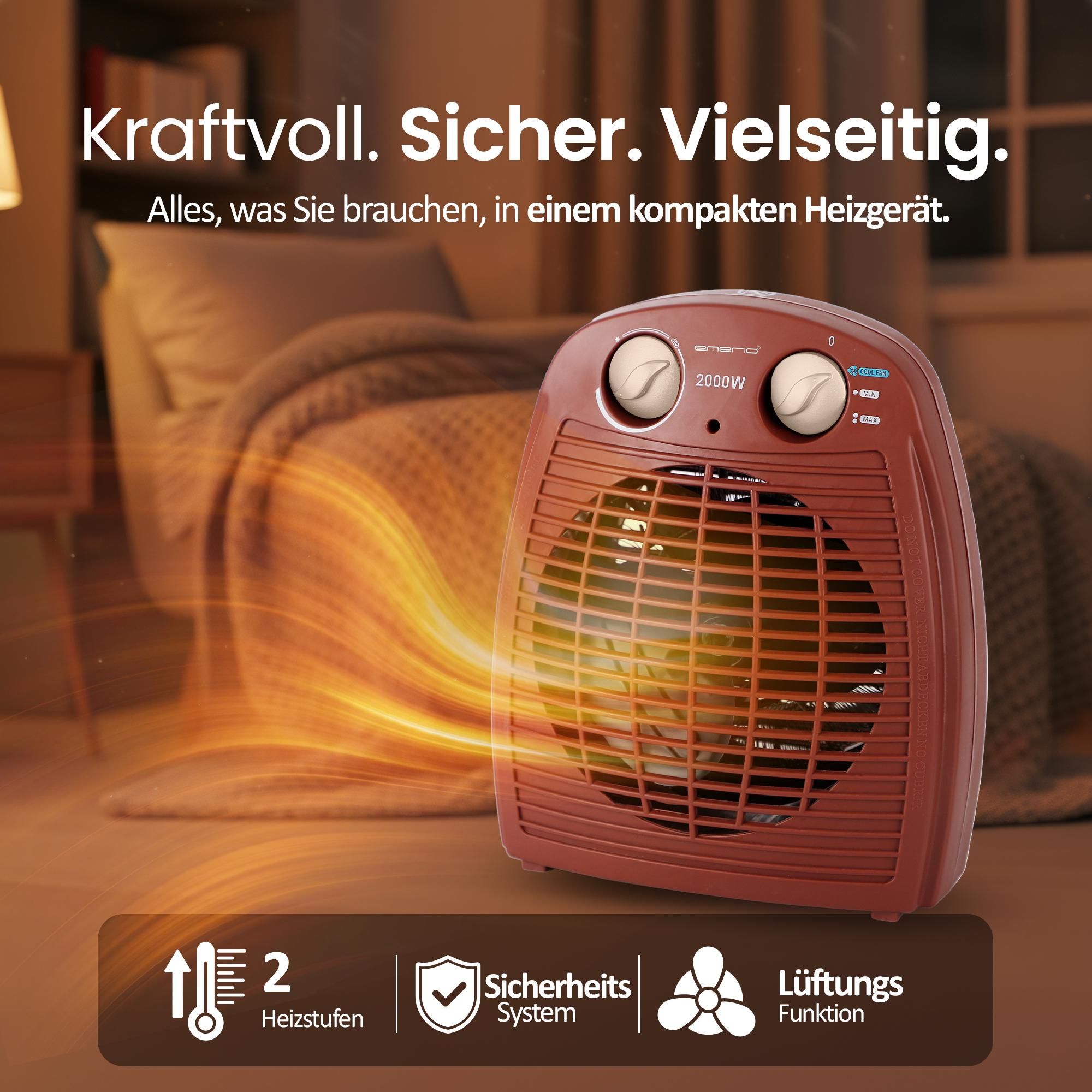 Emerio Heizlüfter FH-106737.13 – 25 m² – 2 Heizstufen – Ventilationsfunktion – einstellbarer Thermostat – Kontrollleuchte – Kippschutz – Rot