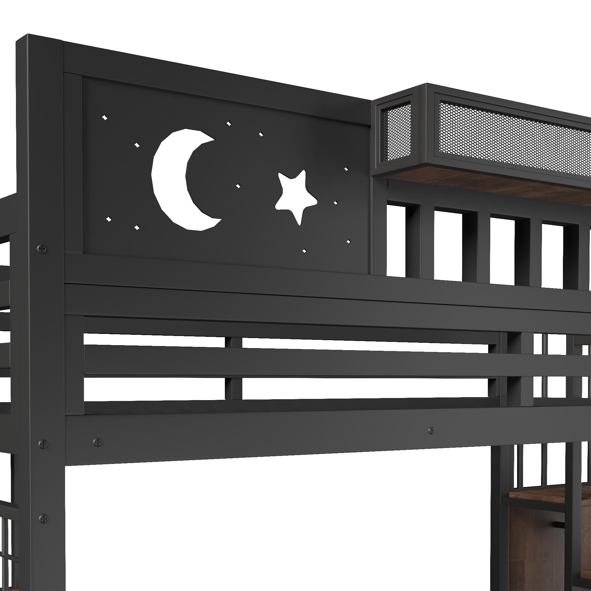 Flieks Etagenbett 90x200cm mit USB, Hochbett mit Led, Kinderbett Jugendbett mit Schreibtisch und Lochwand, Stockbett Metallbett mit Treppe, Schwarz