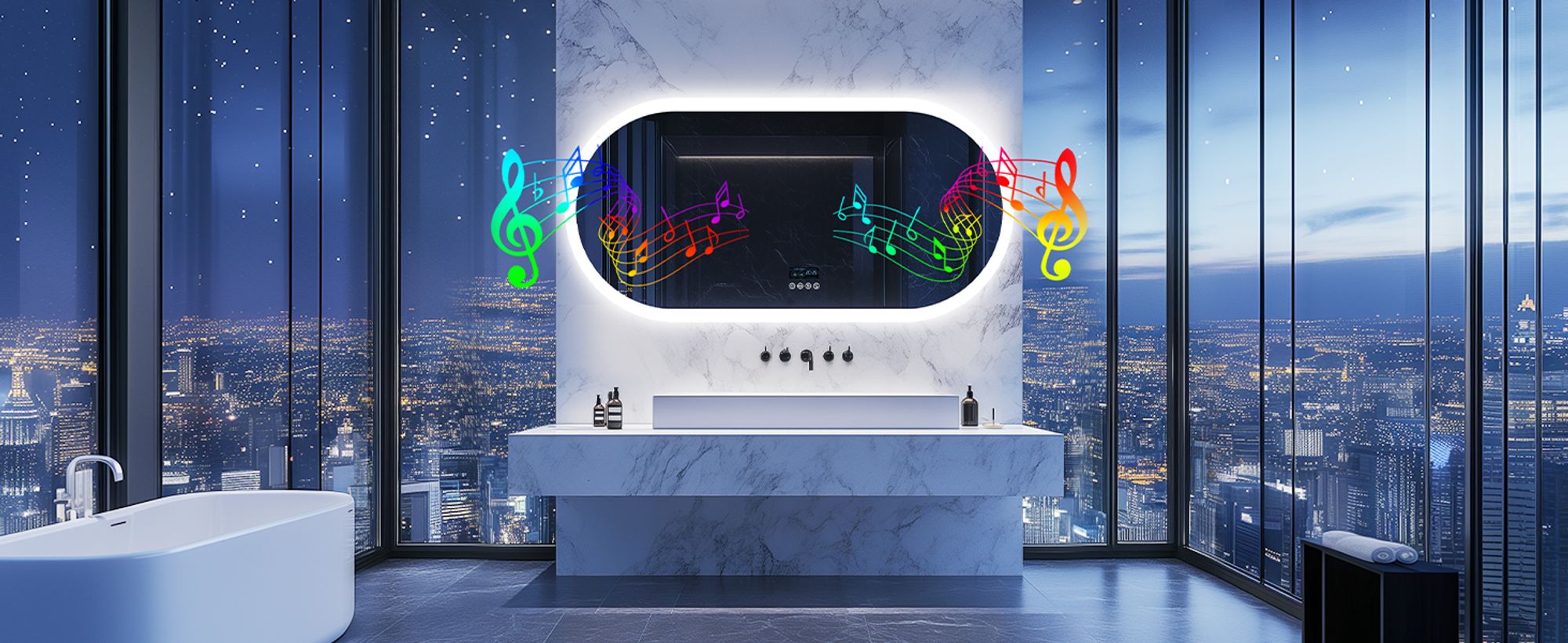 WISFOR LED Badspiegel mit Bluetooth Lautsprecher, 120x60cm Badezimmerspiegel mit Beleuchtung 3 Lichtfarbe, LED Wandspiegel dimmbar beschlagfrei