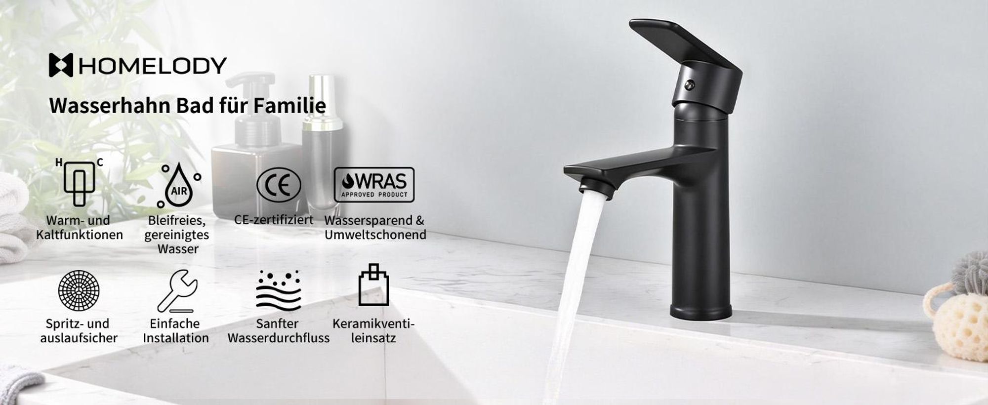 Homelody Wasserhahn Bad Schwarz,Waschtischarmatur Mischbatterie Waschbeckenarmatur Einhebelmischer, Ablaufventil mit Pop-up Mechanismus für Badezimmer